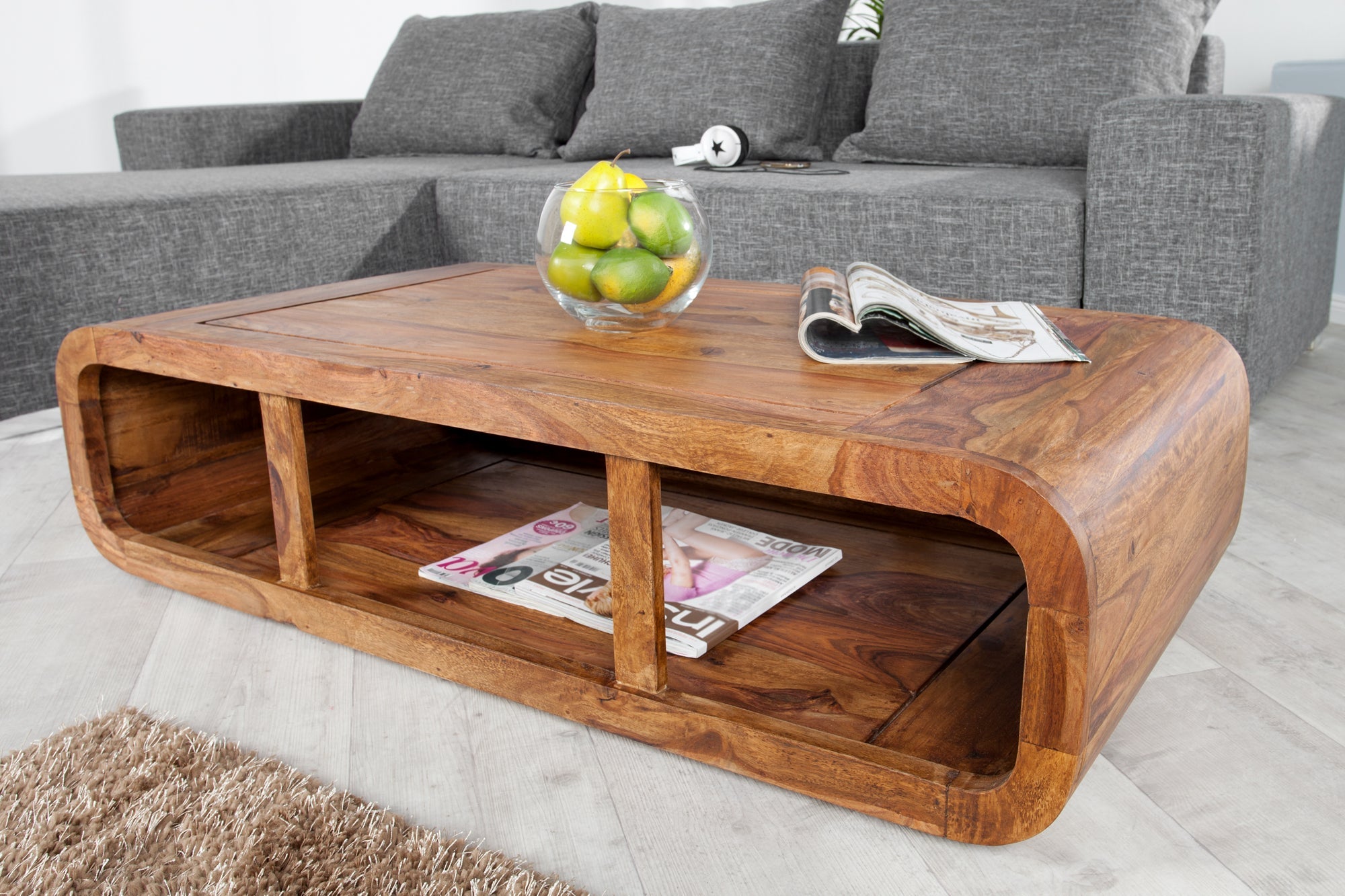 CURVO 100cm mesa de centro de madera maciza con acabado de piedra Sheesham marrón mueble bajo de TV con espacio de almacenamiento