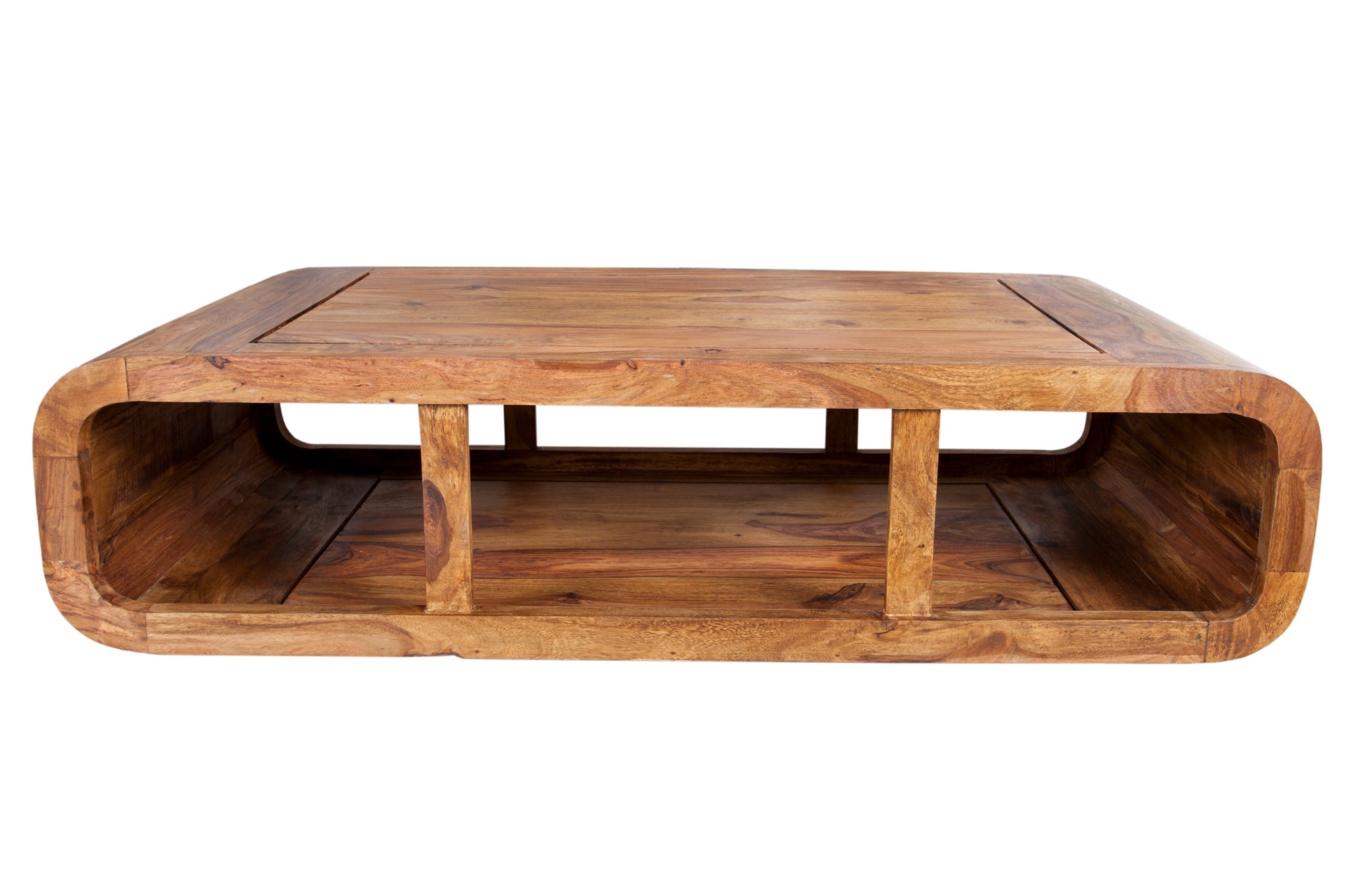 CURVO 100cm mesa de centro de madera maciza con acabado de piedra Sheesham marrón mueble bajo de TV con espacio de almacenamiento