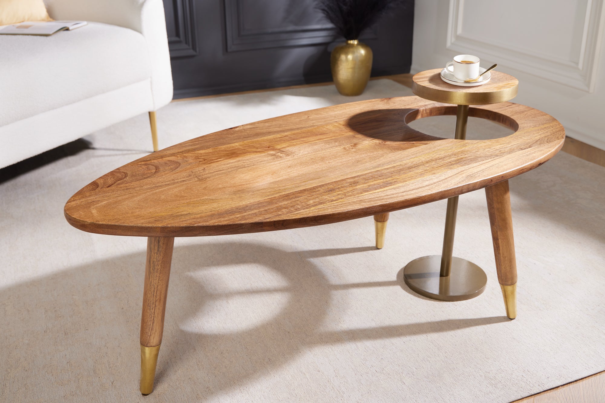 GATSBY Mesa de centro de madera maciza de 110 cm mango marrón dorado mesa auxiliar redonda ovalada set de 2 diseño retro
