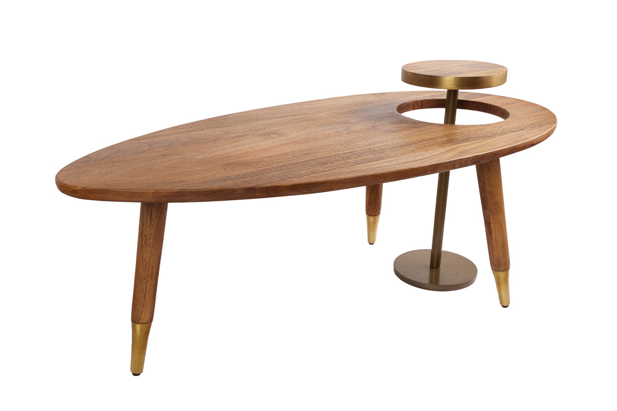GATSBY Mesa de centro de madera maciza de 110 cm mango marrón dorado mesa auxiliar redonda ovalada set de 2 diseño retro