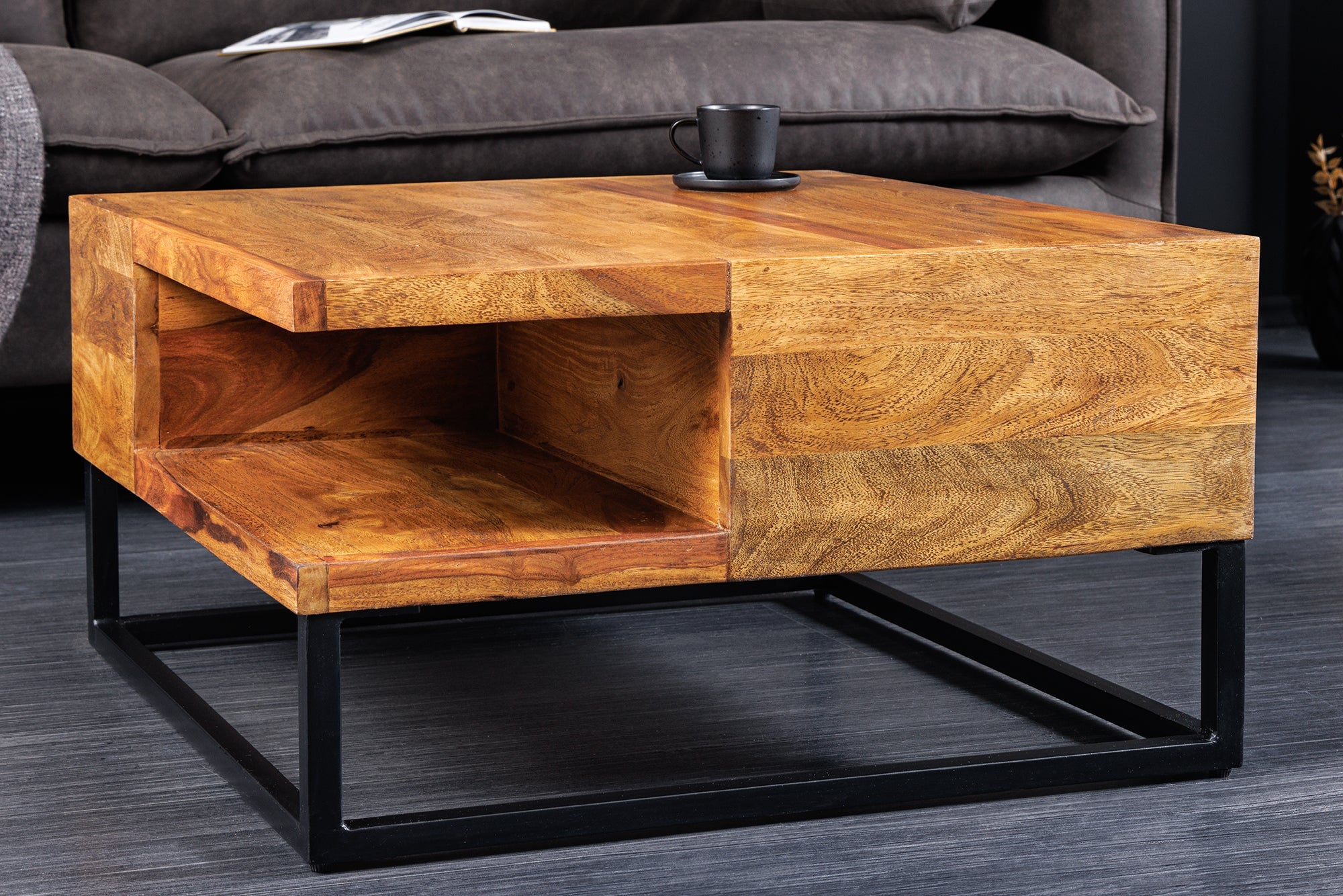 GIANT mesa de centro de madera maciza 60cm marrón Sheesham acabado piedra metal negro estante