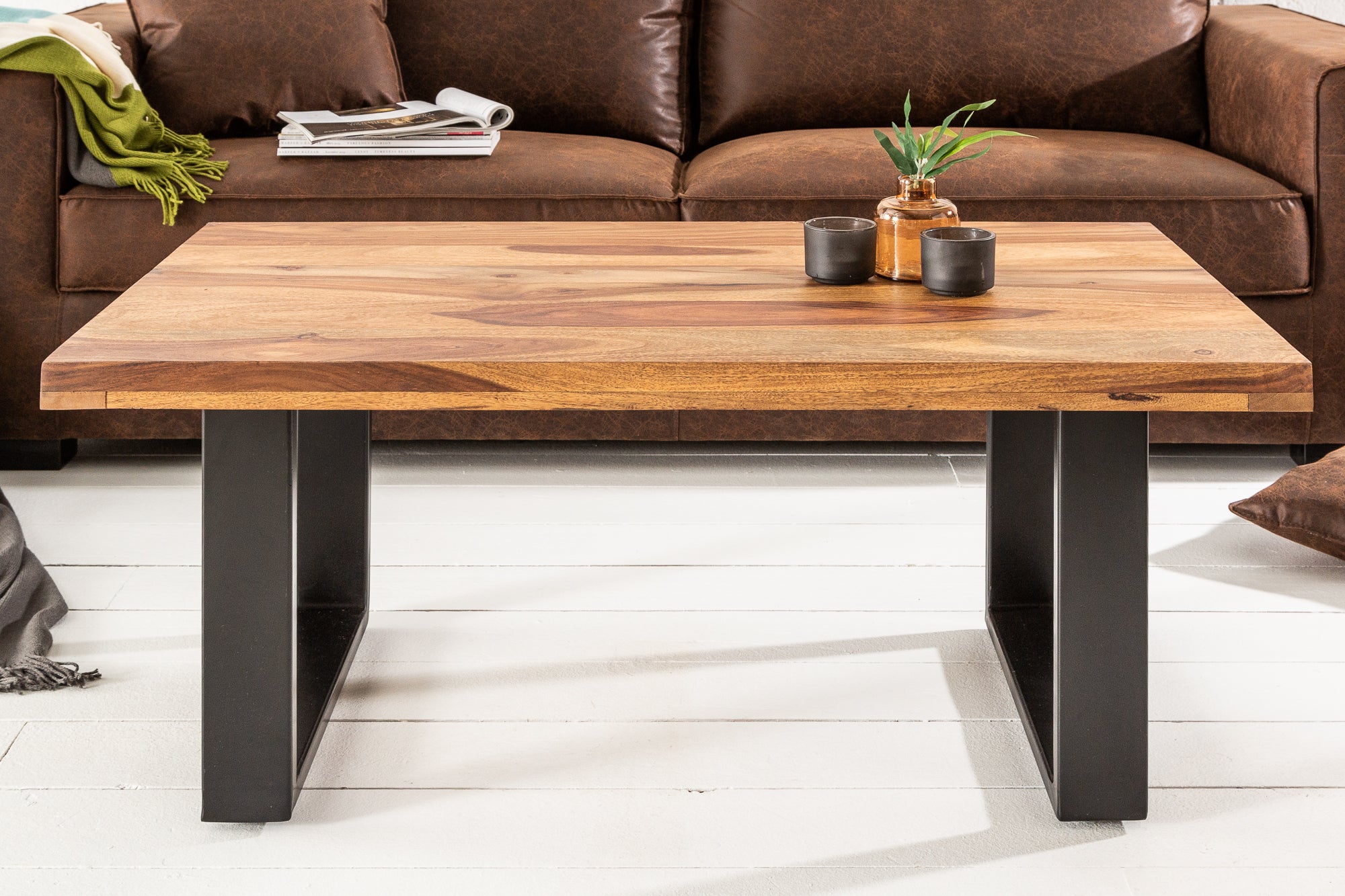 IRON CRAFT Mesa de centro de madera maciza de 100 cm con acabado en piedra Sheesham marrón Diseño industrial