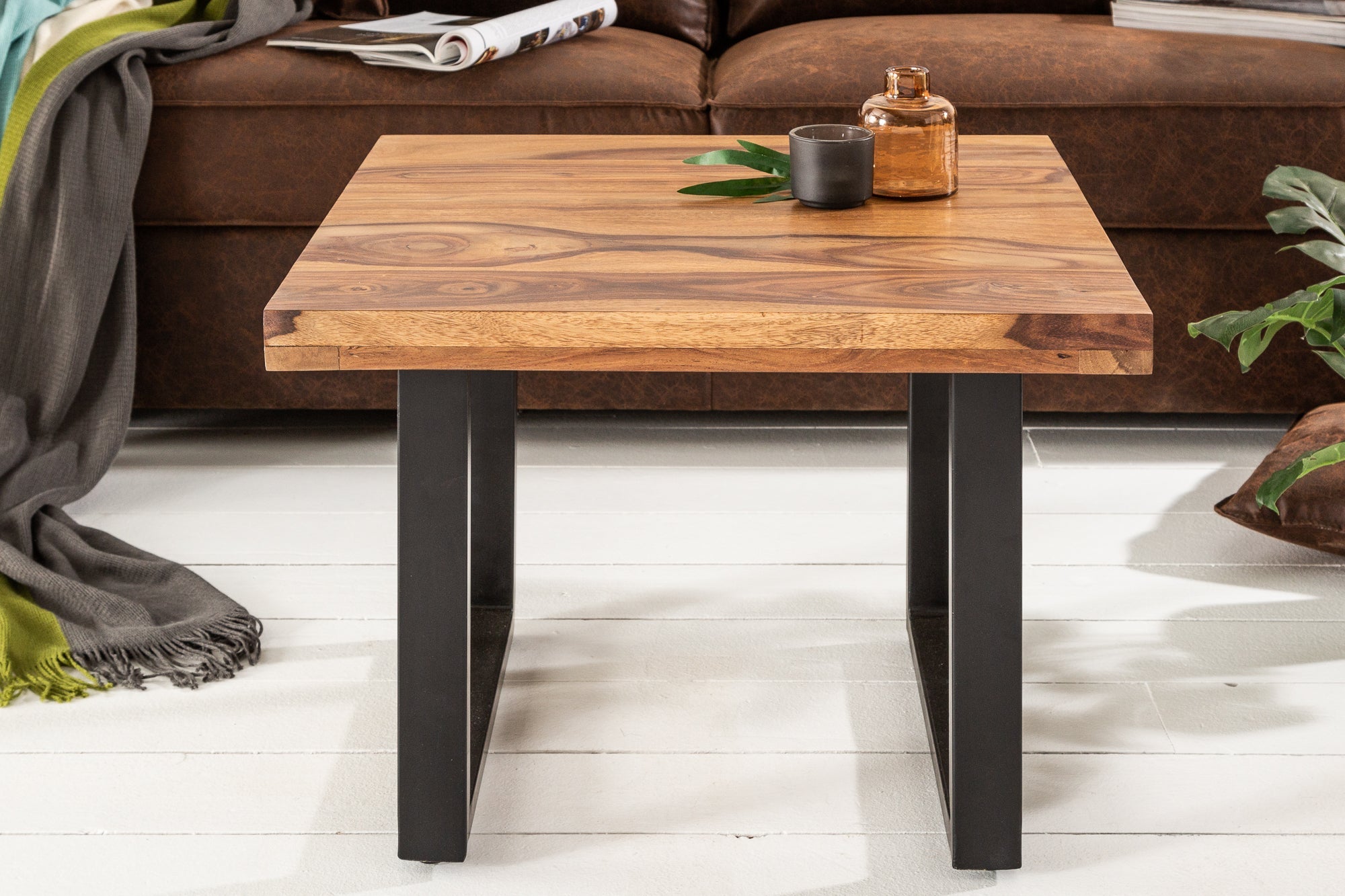 IRON CRAFT Mesa de centro de madera maciza de 60 cm con acabado en piedra Sheesham marrón Diseño industrial