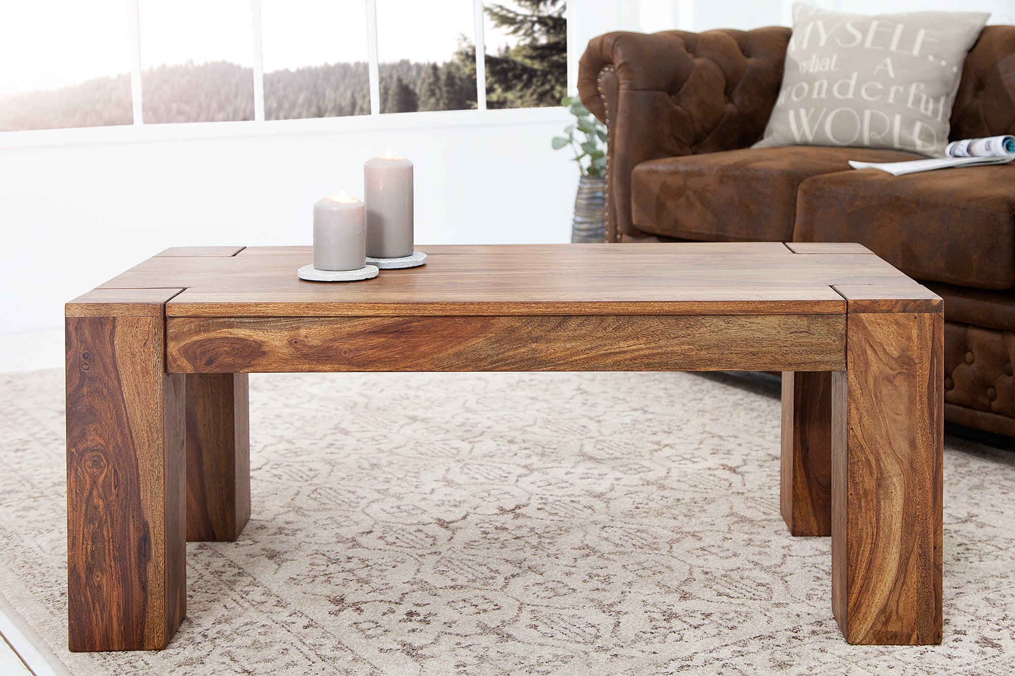 MAKASSAR Mesa de centro de madera maciza de 100 cm con acabado de piedra Sheesham marrón de grano único