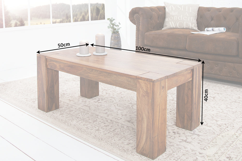 MAKASSAR Mesa de centro de madera maciza de 100 cm con acabado de piedra Sheesham marrón de grano único