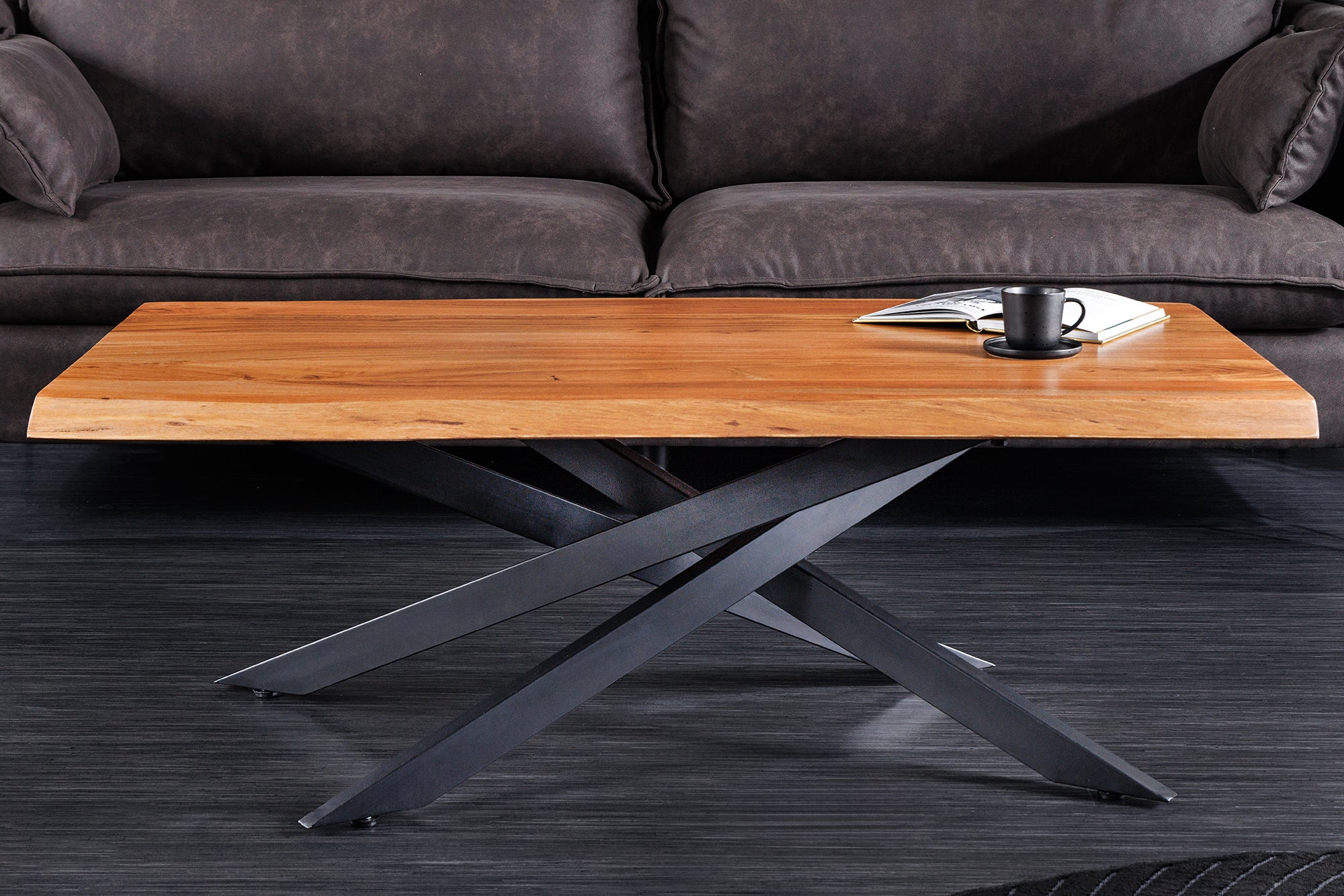 Mesa de centro de madera maciza MAMMUT 110 cm tapa de acacia negro 3,5 cm borde de árbol
