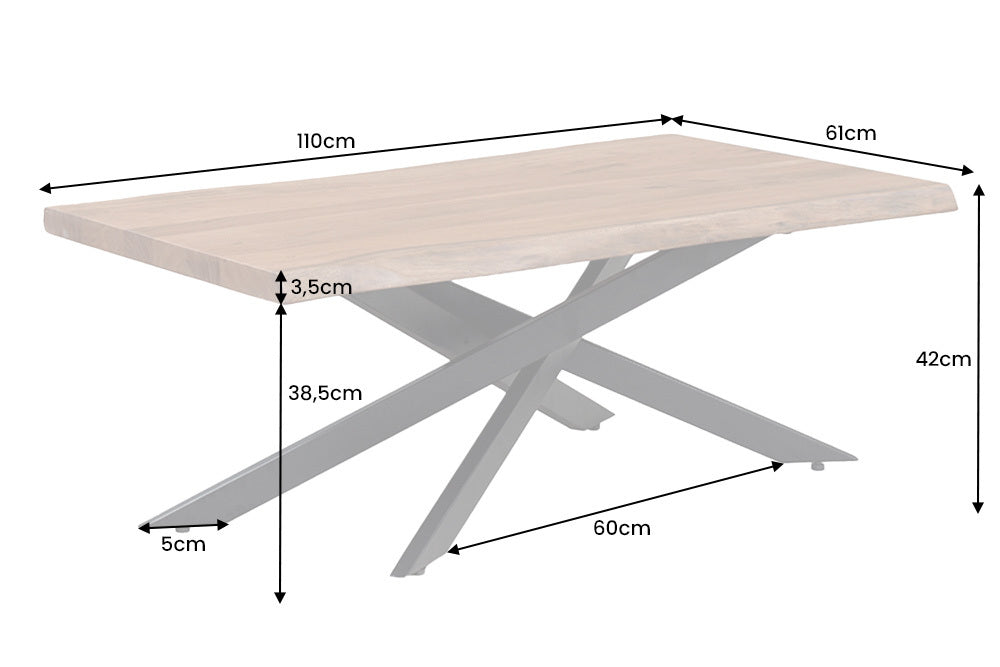 Mesa de centro de madera maciza MAMMUT 110 cm tapa de acacia negro 3,5 cm borde de árbol