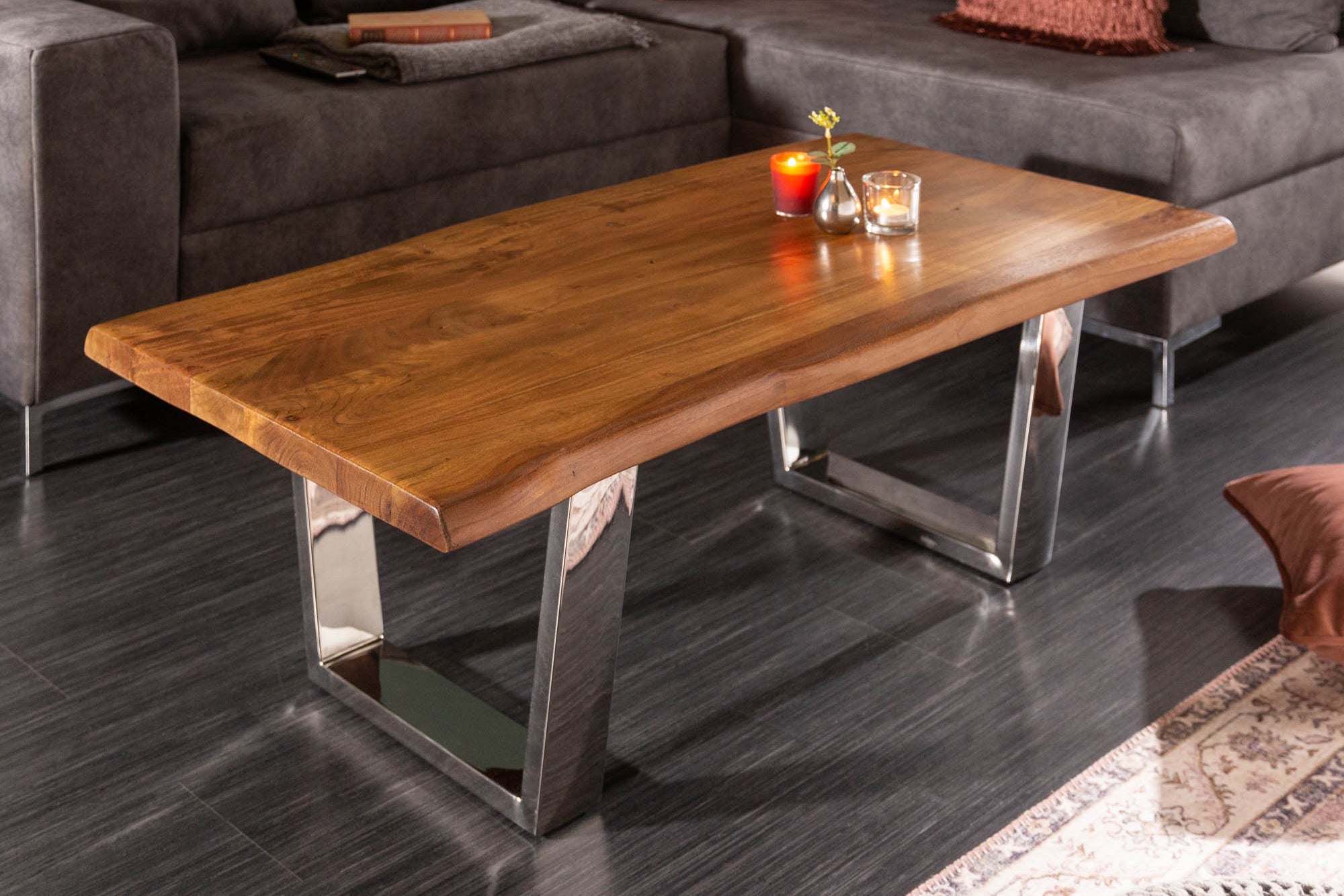 MAMMUT Mesa de centro de madera maciza 110cm Acacia Acabado miel Estructura de patín Borde de árbol Tablero 4cm
