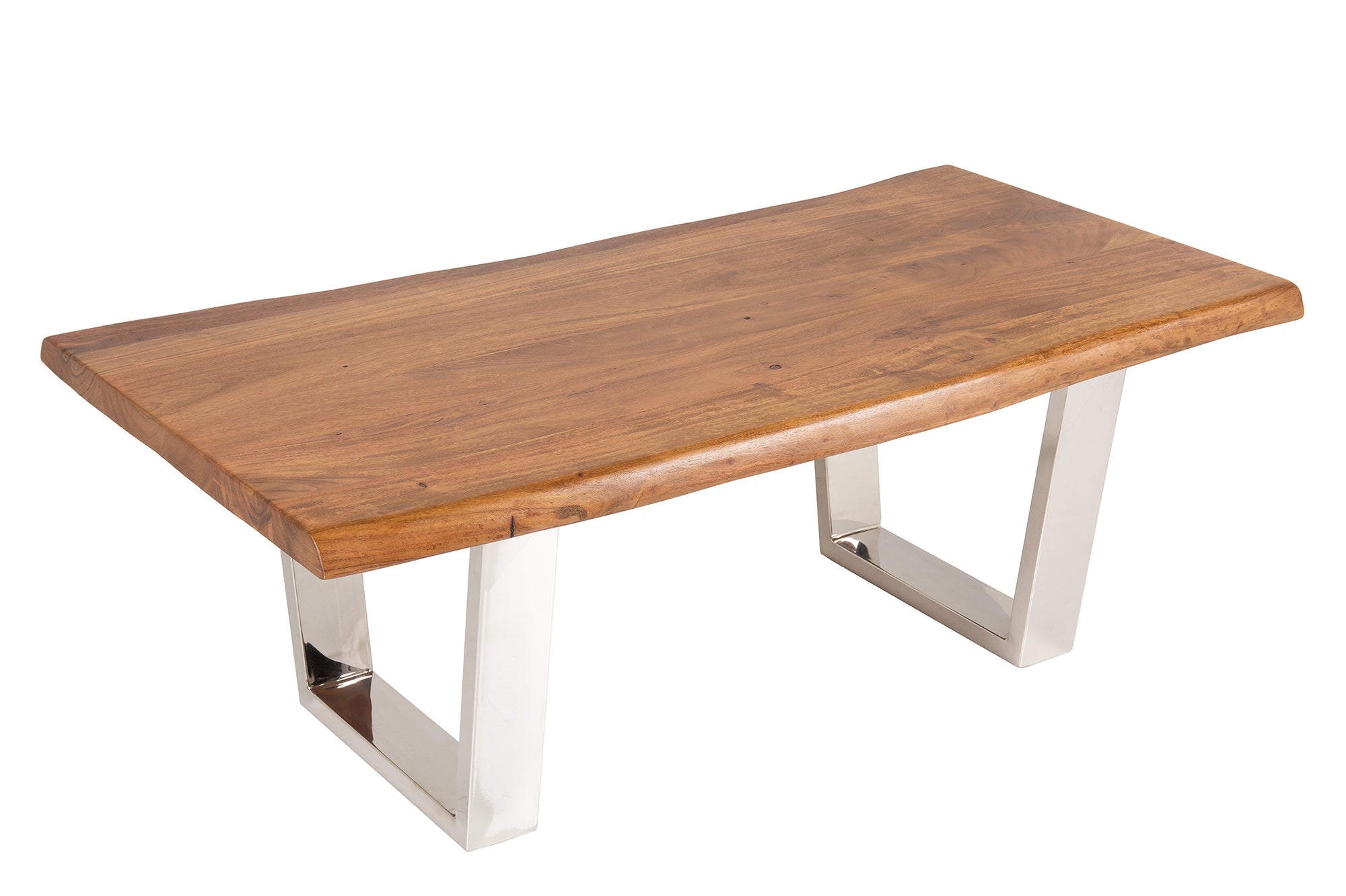 MAMMUT Mesa de centro de madera maciza 110cm Acacia Acabado miel Estructura de patín Borde de árbol Tablero 4cm