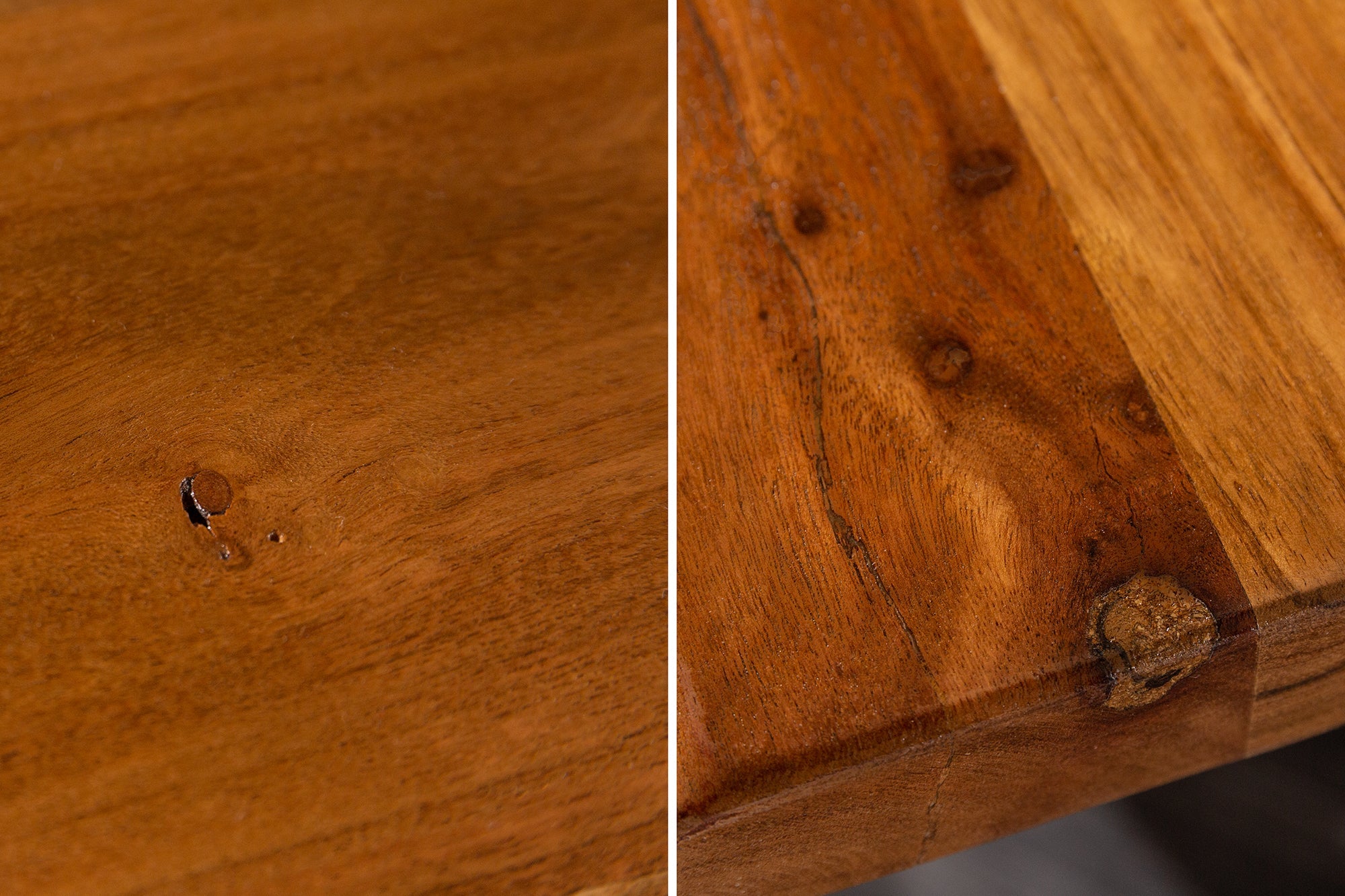 MAMMUT Mesa de centro de madera maciza 110cm Acacia Acabado miel Estructura de patín Borde de árbol Tablero 4cm