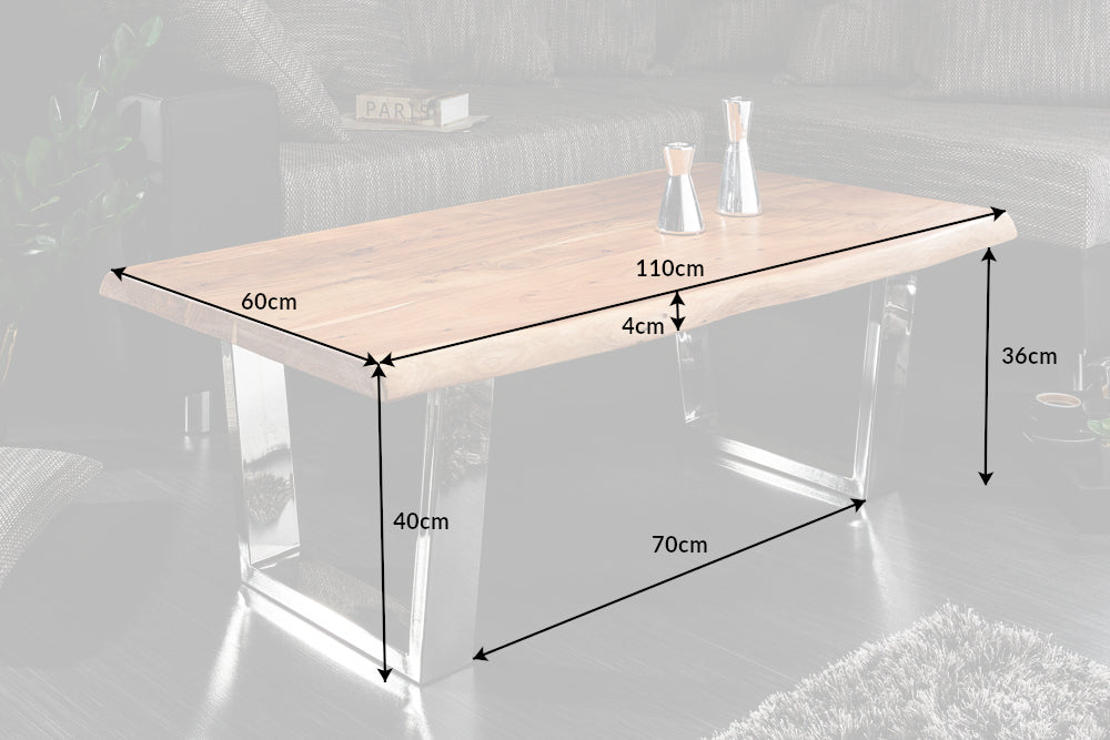 MAMMUT Mesa de centro de madera maciza 110cm Acacia Acabado miel Estructura de patín Borde de árbol Tablero 4cm