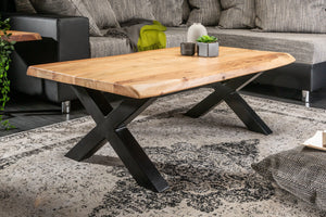 Table basse en bois massif MAMMUT 110cm bord acacia finition miel plateau 3,5cm