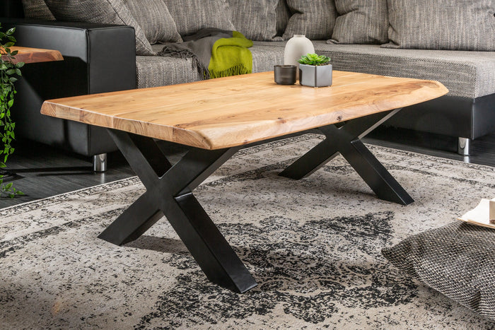 Table basse en bois massif MAMMUT 110cm bord acacia finition miel plateau 3,5cm