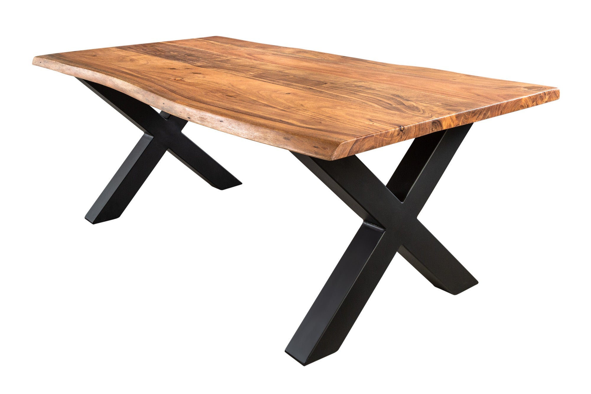 MAMMUT Mesa de centro de madera maciza 120 cm Acacia Acabado miel Marco X negro Tablero 2,5 cm