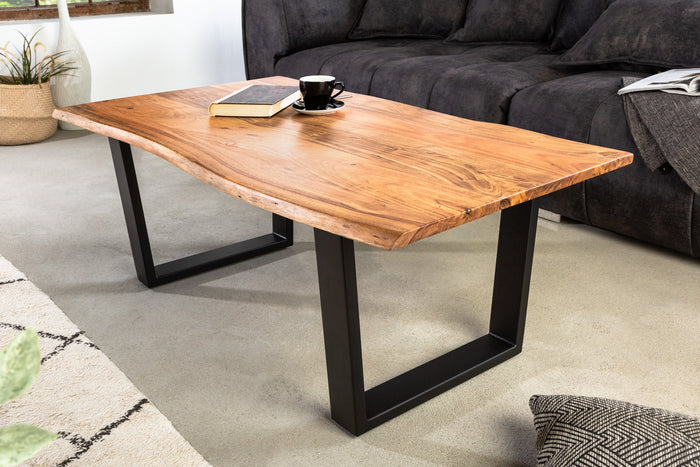 Table basse en bois massif MAMMUT 120 cm acacia naturel structure en V noir plateau 2,5 cm