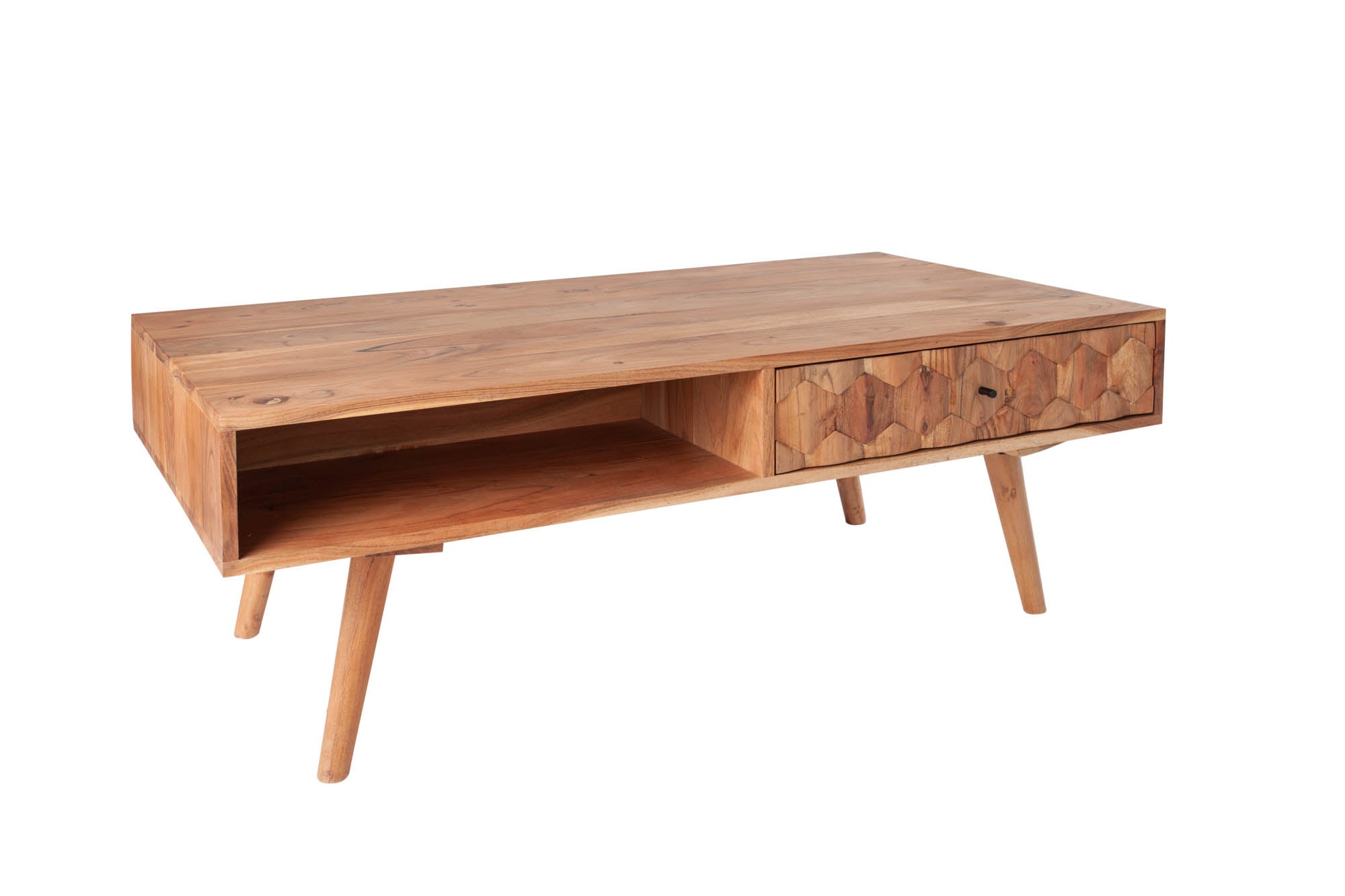 Table basse en bois massif MYSTIC LIVING 100cm acacia naturel avec rangement tiroirs compartiment de rangement