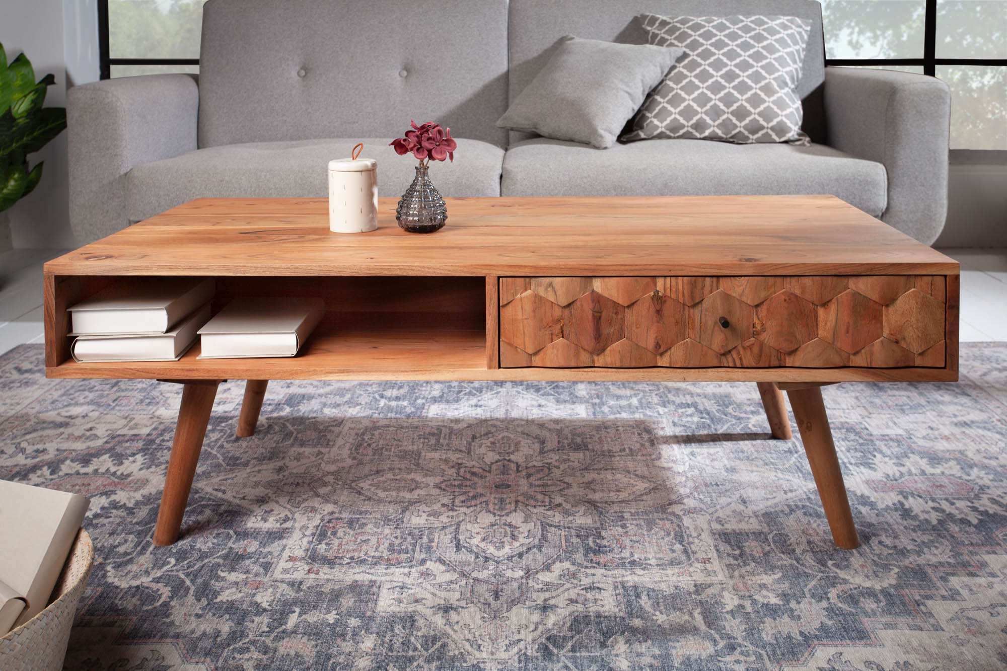 Table basse en bois massif MYSTIC LIVING 100cm acacia naturel avec rangement tiroirs compartiment de rangement