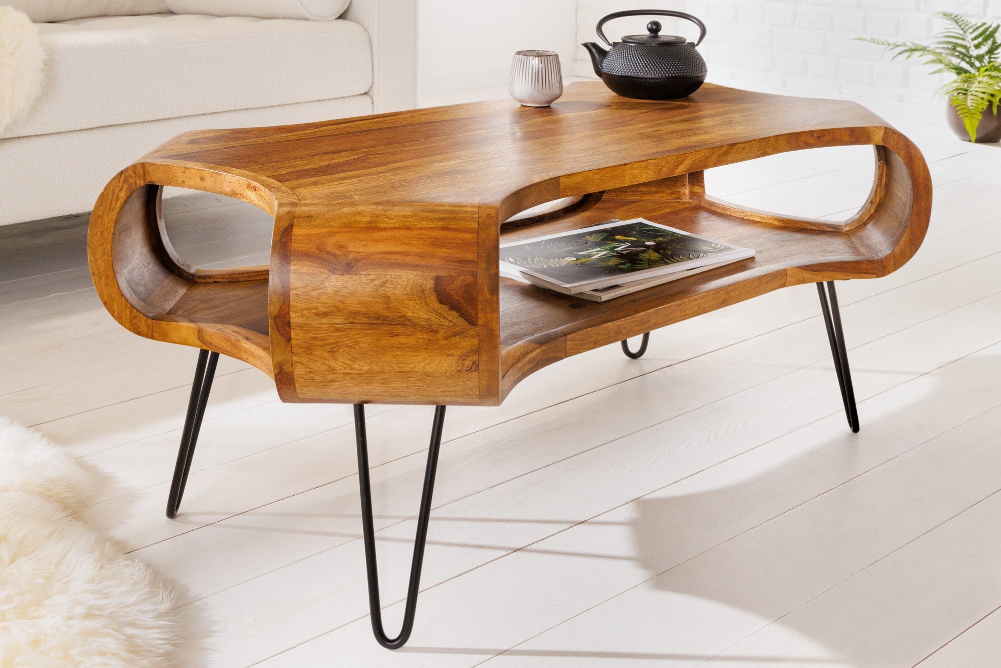 ORGANIC LIVING Mesa de centro de madera maciza de 100 cm con acabado de piedra Sheesham marrón y patas de pasador