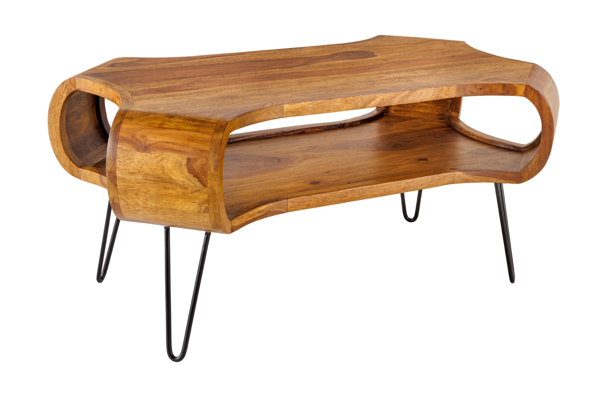 ORGANIC LIVING Mesa de centro de madera maciza de 100 cm con acabado de piedra Sheesham marrón y patas de pasador