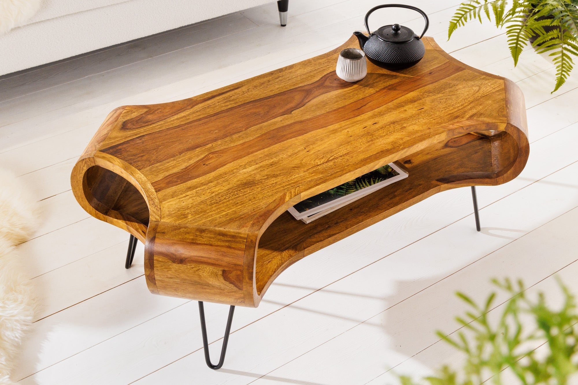 ORGANIC LIVING Mesa de centro de madera maciza de 100 cm con acabado de piedra Sheesham marrón y patas de pasador