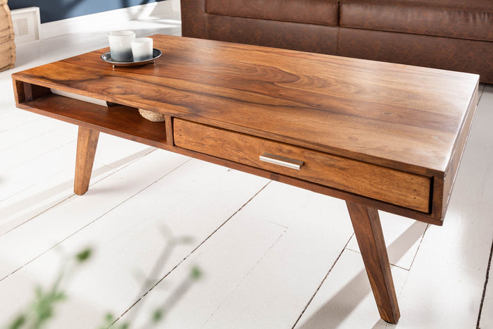 Table basse en bois massif RETRO 100cm marron finition pierre de Sheesham tiroirs fait main