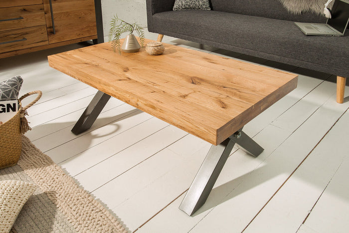 Table basse en bois massif THOR 110cm chêne sauvage huilé structure en X métal anthracite Design industriel