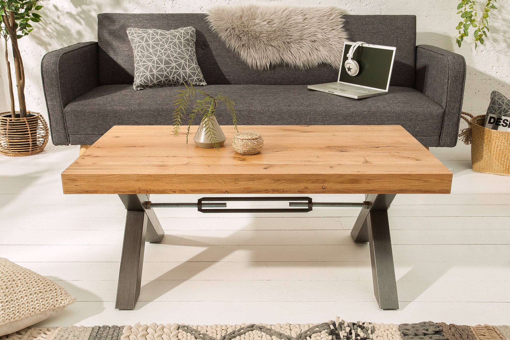 THOR 110cm mesa de centro de madera maciza roble silvestre aceitado antracita metal X-marco Diseño industrial