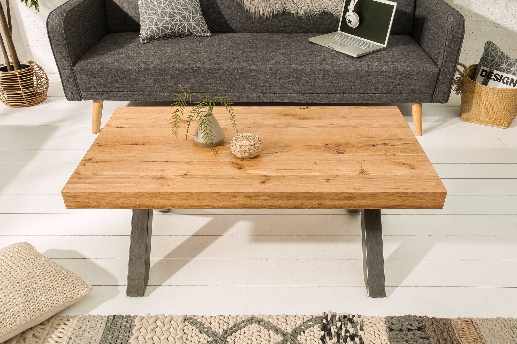 THOR 110cm mesa de centro de madera maciza roble silvestre aceitado antracita metal X-marco Diseño industrial