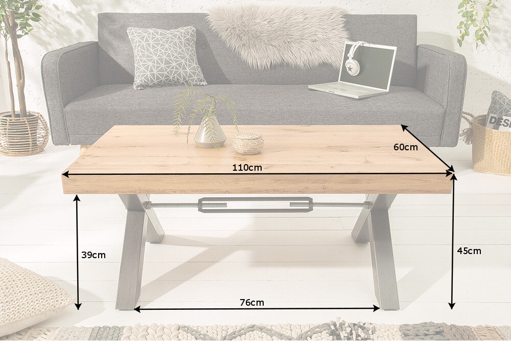 THOR 110cm mesa de centro de madera maciza roble silvestre aceitado antracita metal X-marco Diseño industrial