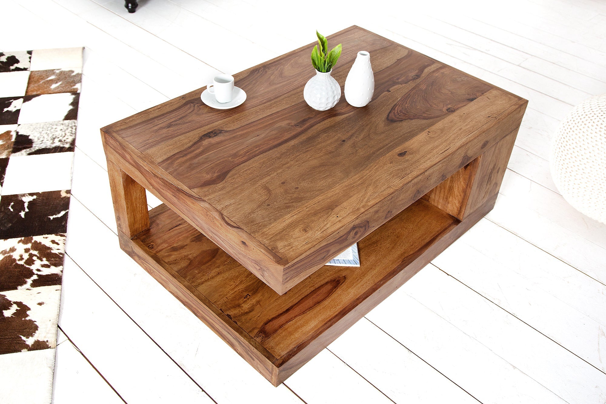 Table basse en bois précieux massif GIANT L 90cm finition pierre de Sheesham marron avec étagère