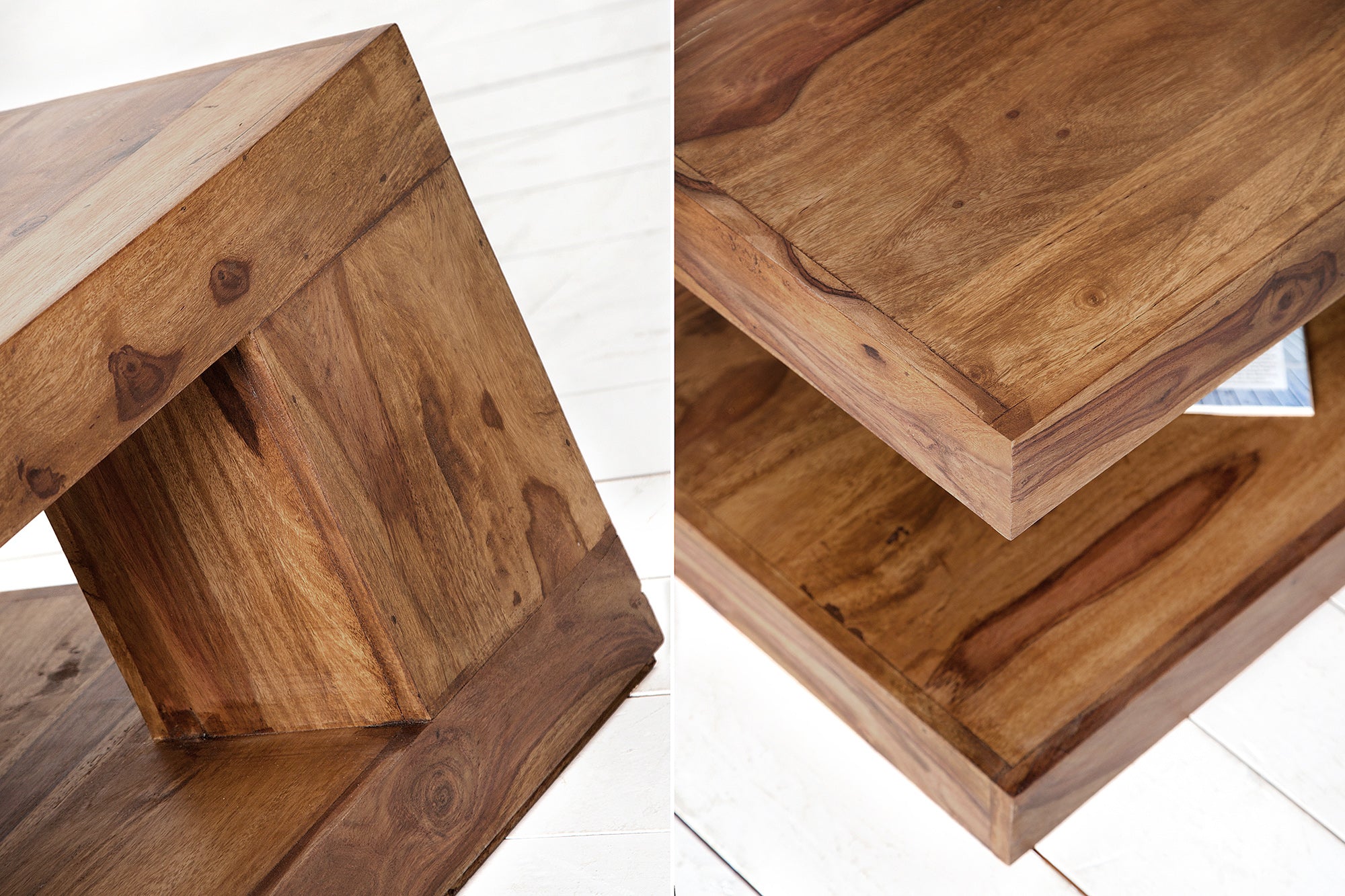 Table basse en bois précieux massif GIANT L 90cm finition pierre de Sheesham marron avec étagère