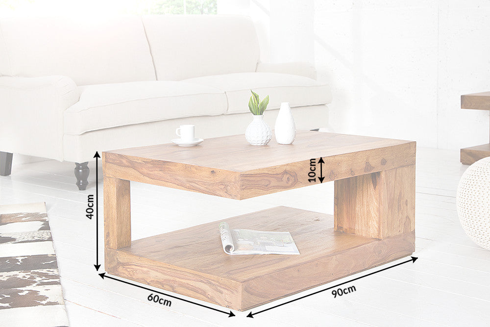 Table basse en bois précieux massif GIANT L 90cm finition pierre de Sheesham marron avec étagère