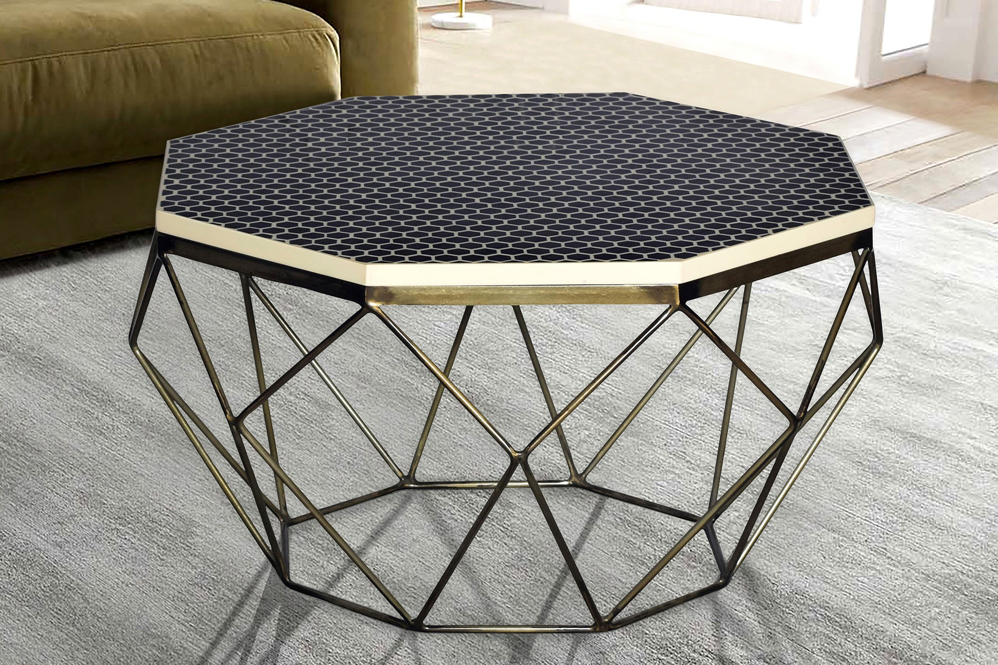 Mesa de centro de marquetería de hueso DIAMOND 70 cm, blanco y negro, incrustaciones de latón, Artesano