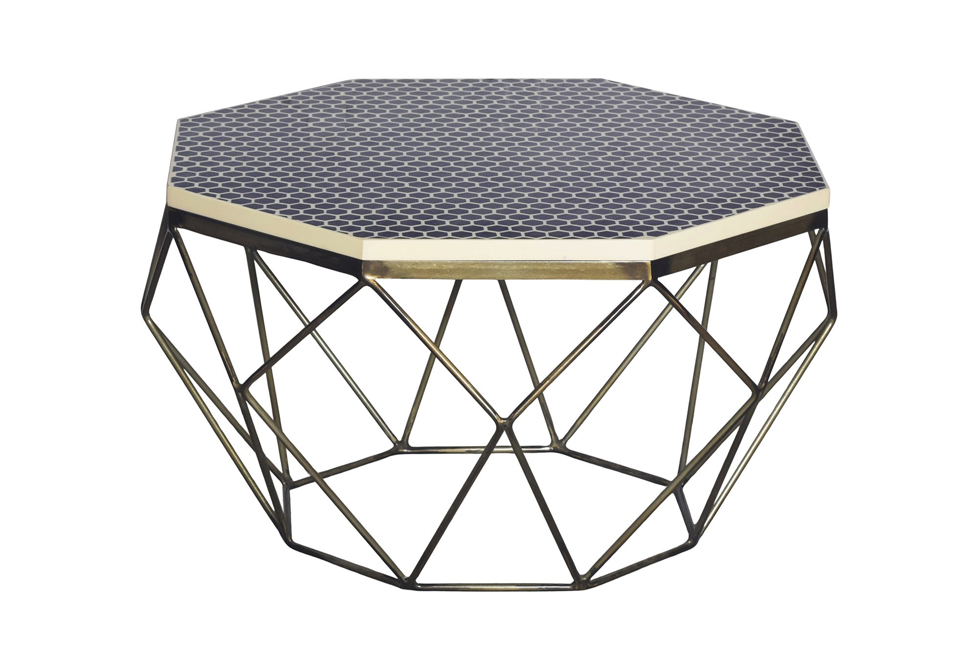 Mesa de centro de marquetería de hueso DIAMOND 70 cm, blanco y negro, incrustaciones de latón, Artesano