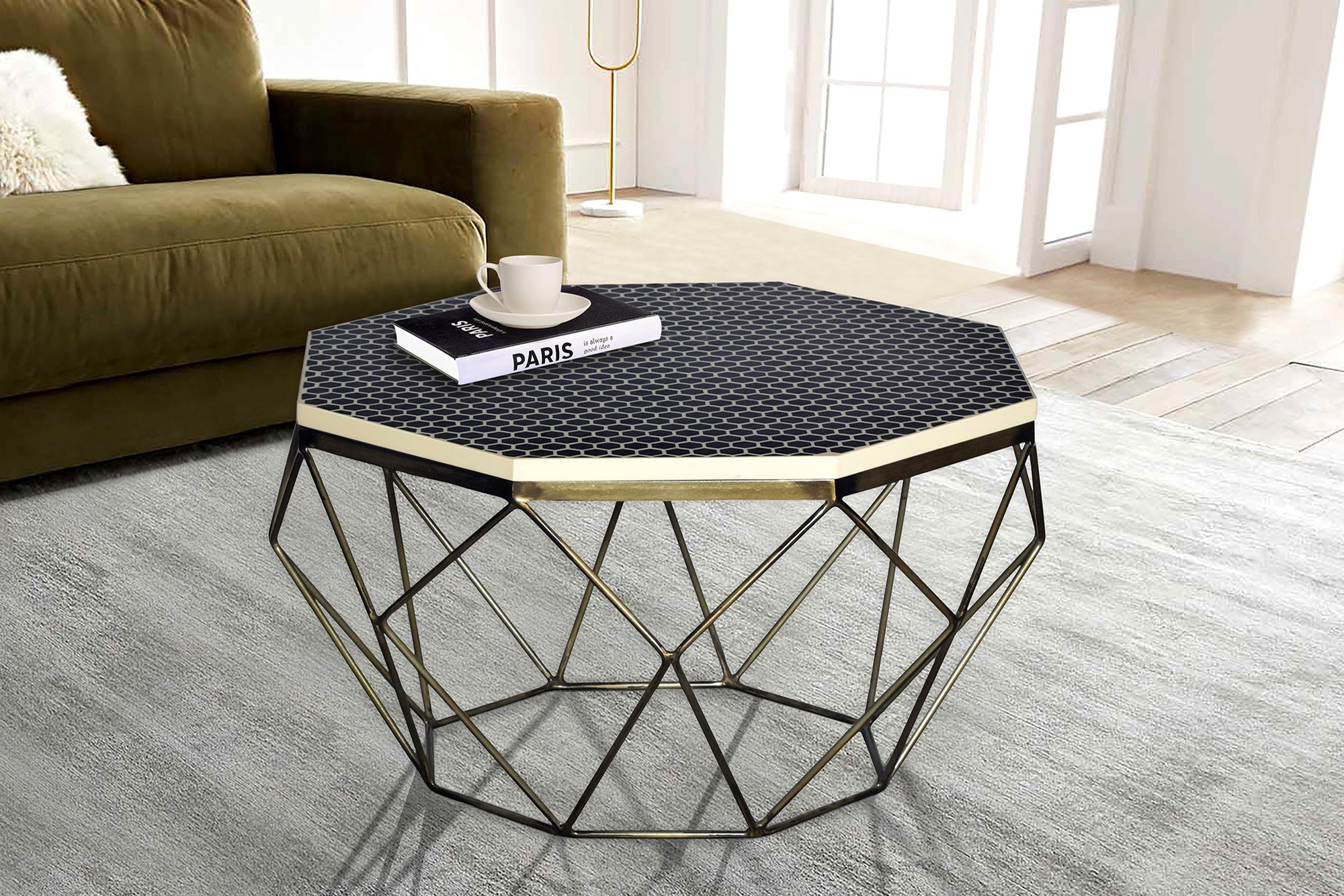 Mesa de centro de marquetería de hueso DIAMOND 70 cm, blanco y negro, incrustaciones de latón, Artesano