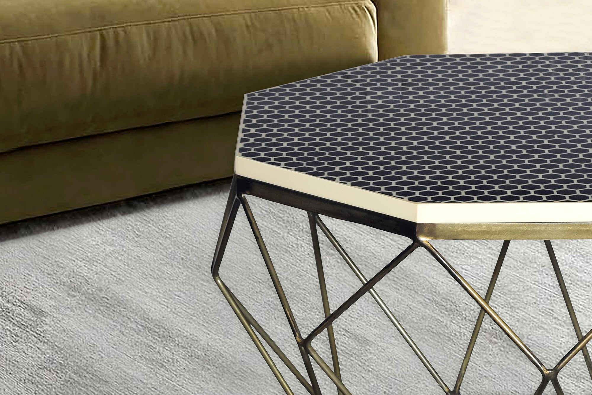 Mesa de centro de marquetería de hueso DIAMOND 70 cm, blanco y negro, incrustaciones de latón, Artesano