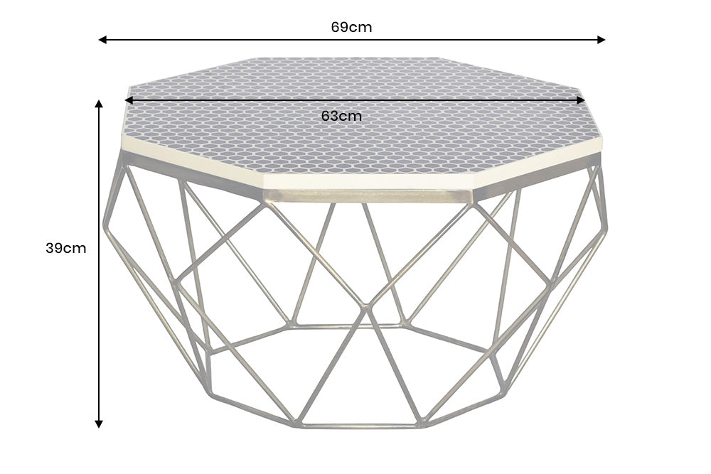 Mesa de centro de marquetería de hueso DIAMOND 70 cm, blanco y negro, incrustaciones de latón, Artesano