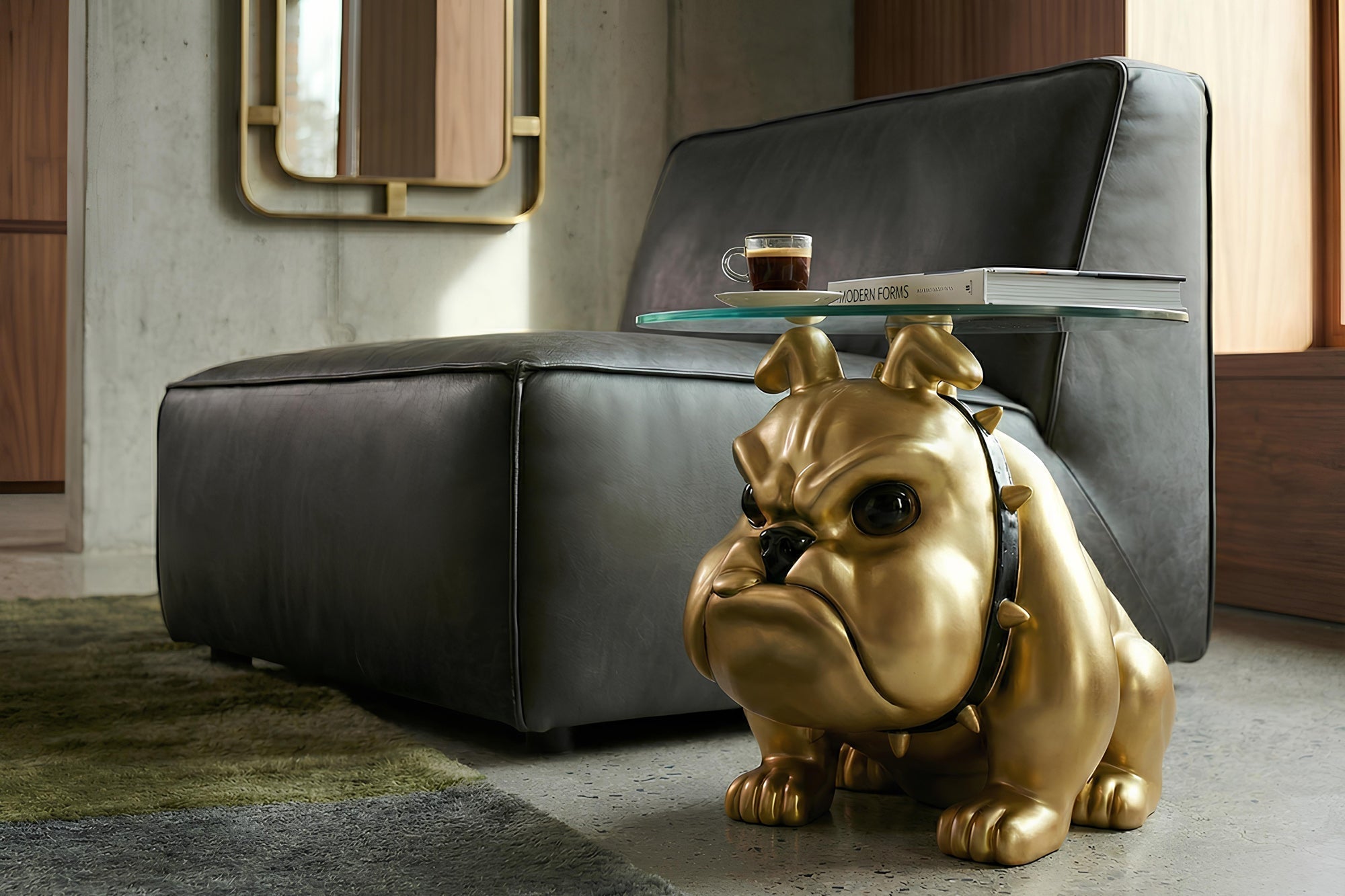 Table basse EXTRAVAGANTE BULLDOG 55cm dorée ronde sculpture de chien avec plateau en verre