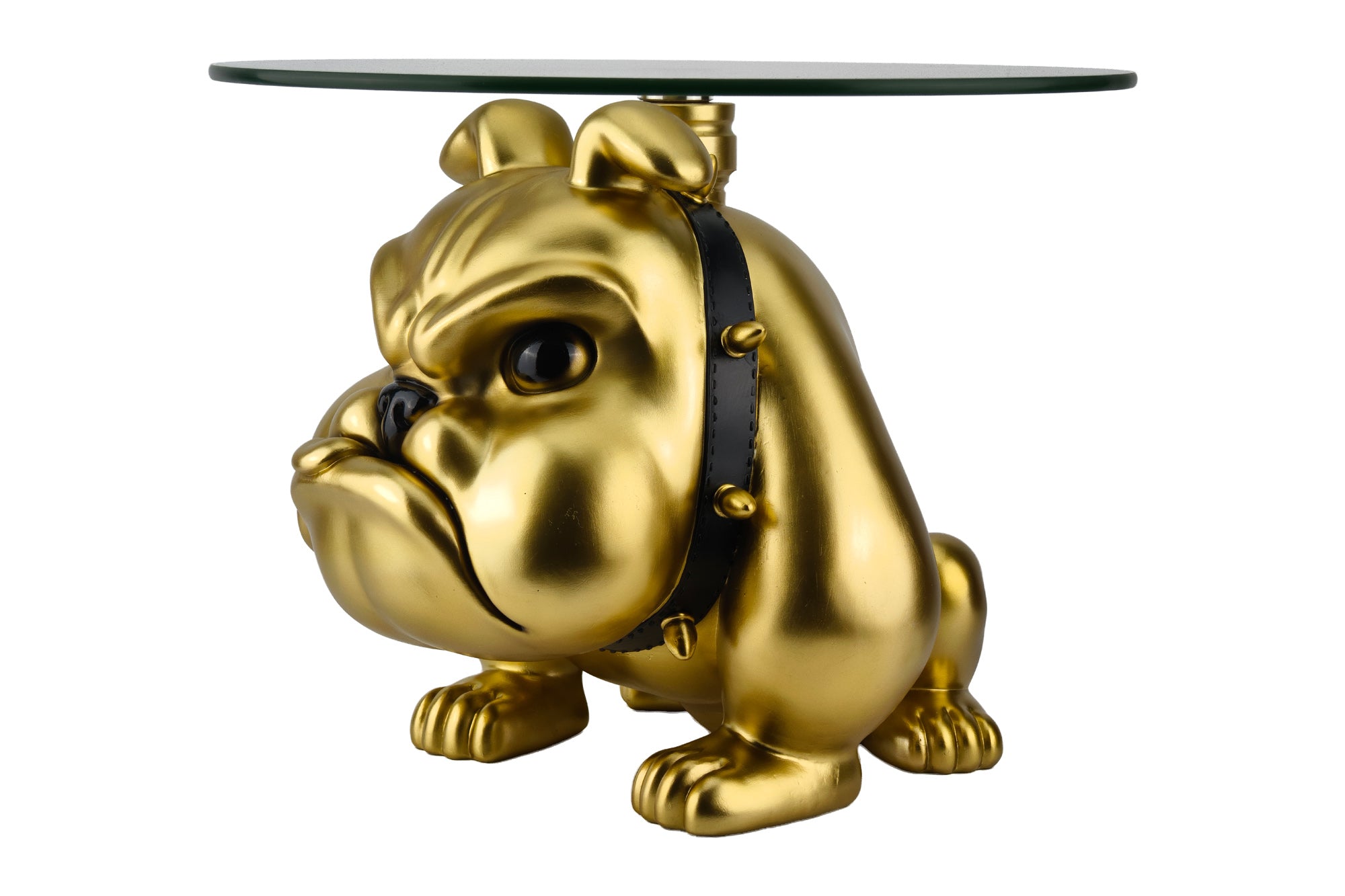 Table basse EXTRAVAGANTE BULLDOG 55cm dorée ronde sculpture de chien avec plateau en verre