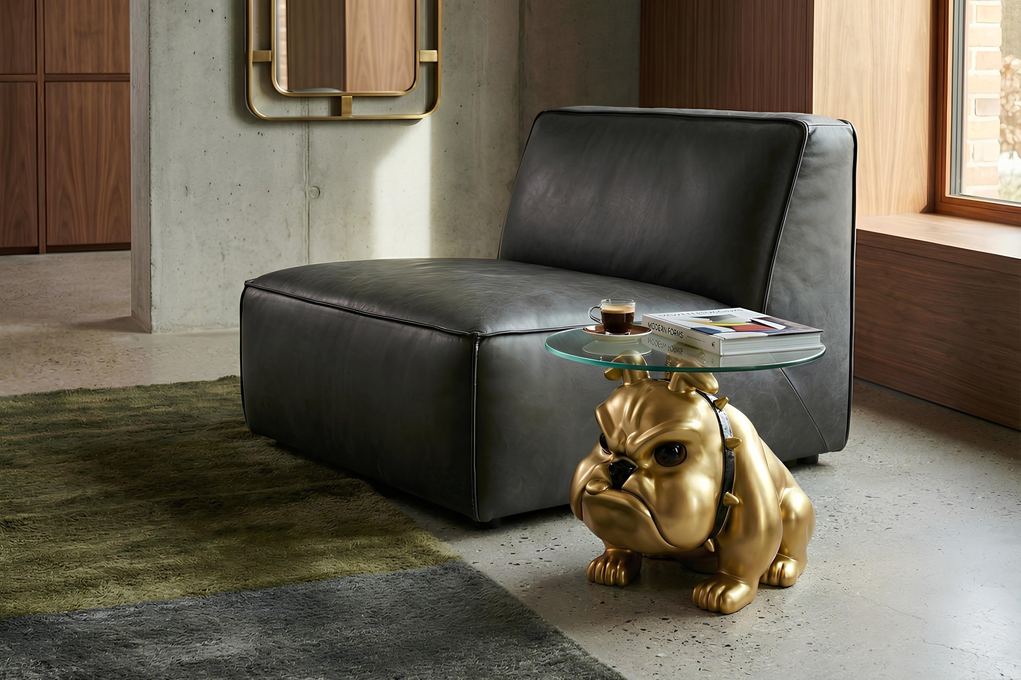 Table basse EXTRAVAGANTE BULLDOG 55cm dorée ronde sculpture de chien avec plateau en verre