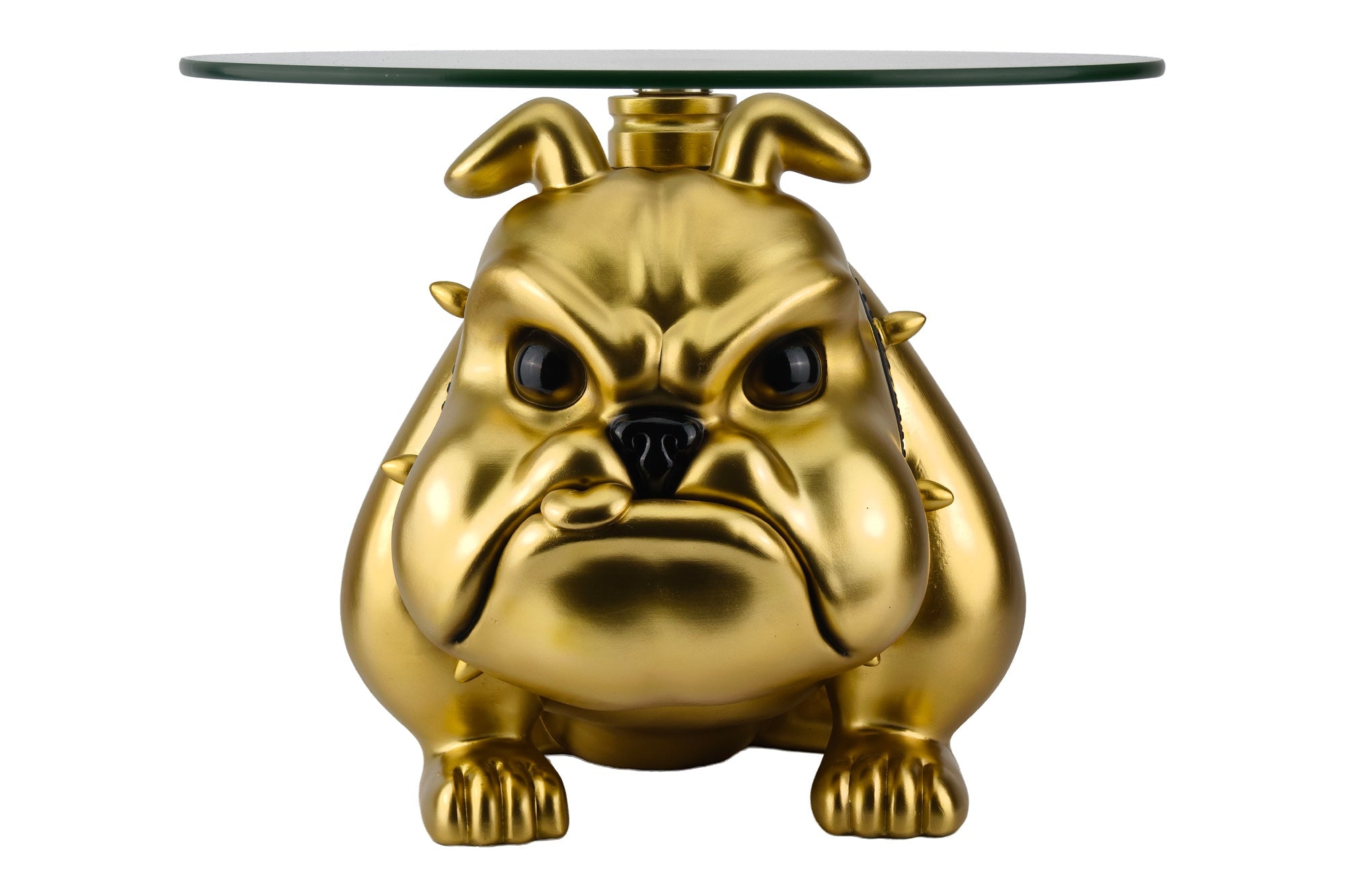 Table basse EXTRAVAGANTE BULLDOG 55cm dorée ronde sculpture de chien avec plateau en verre