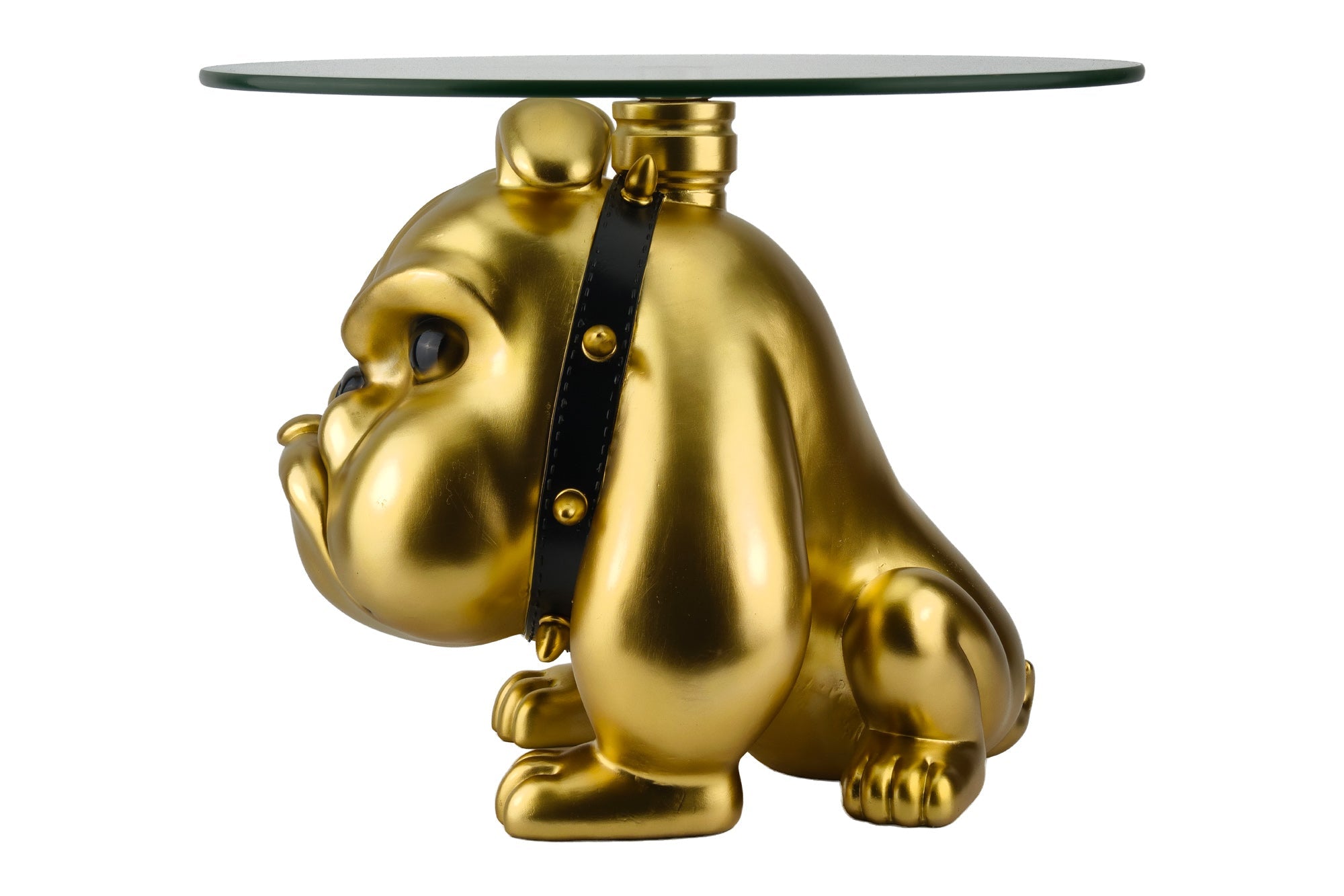 Table basse EXTRAVAGANTE BULLDOG 55cm dorée ronde sculpture de chien avec plateau en verre