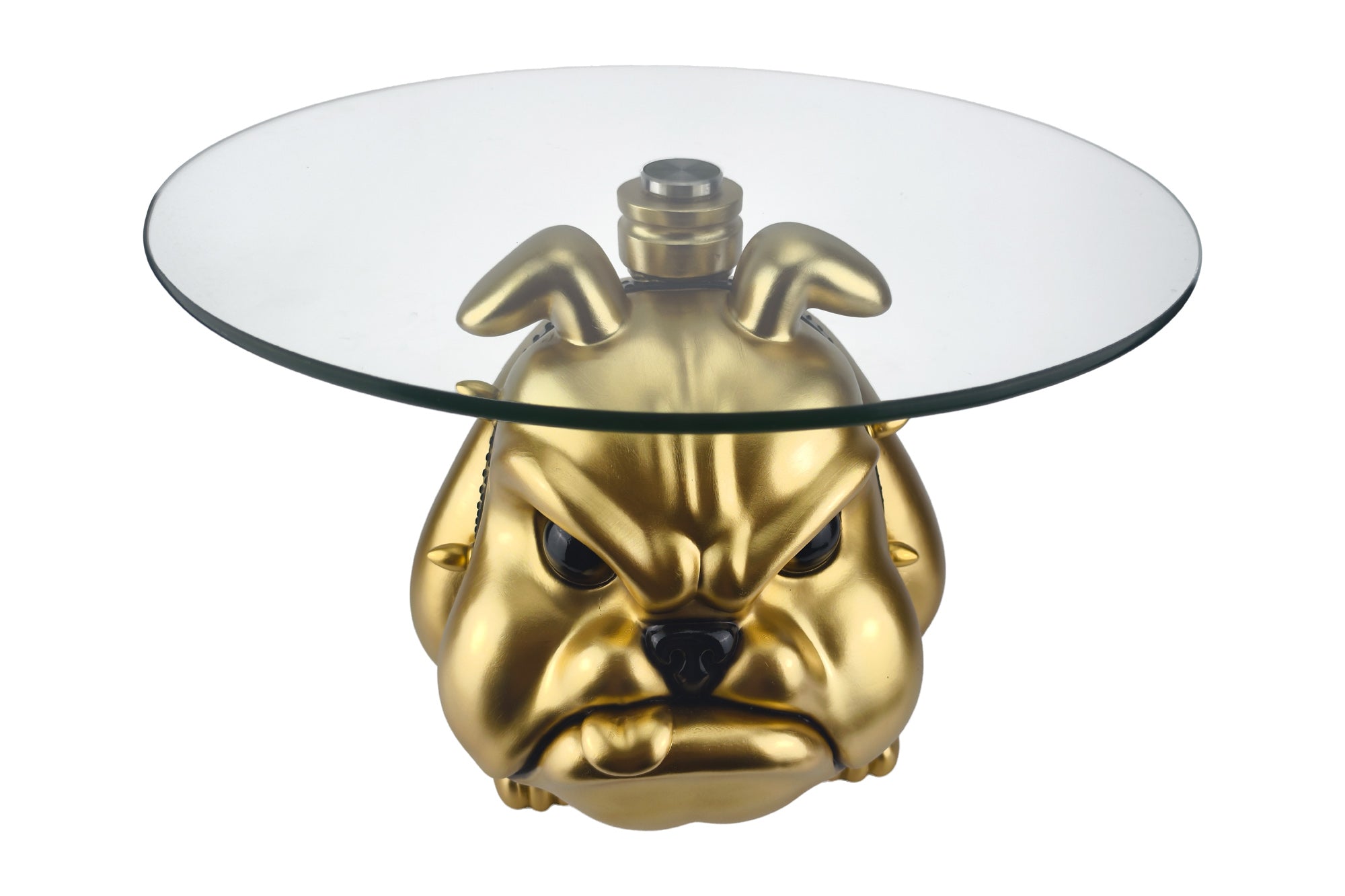 Table basse EXTRAVAGANTE BULLDOG 55cm dorée ronde sculpture de chien avec plateau en verre