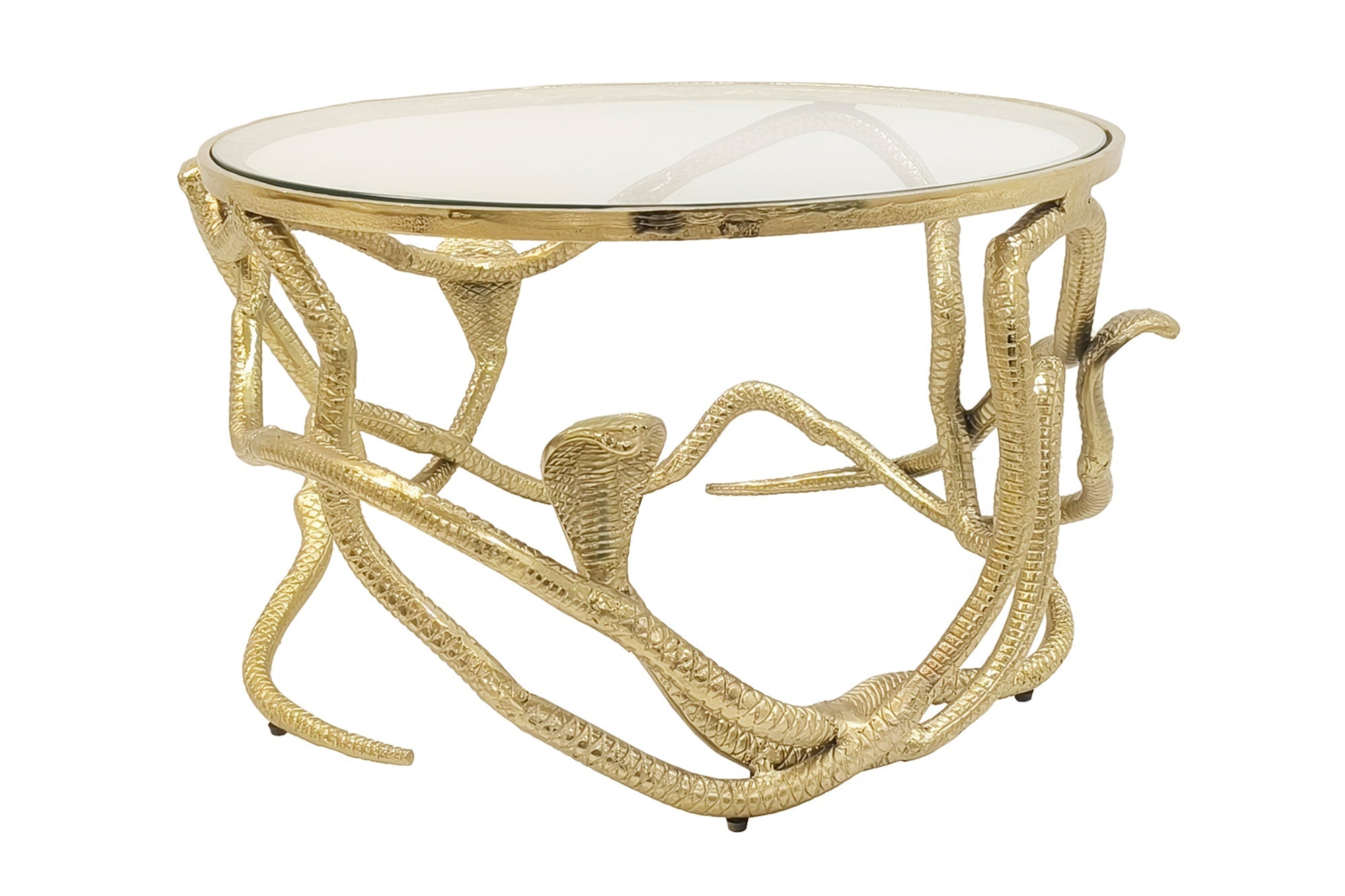 Table basse extravagante SNAKE 70cm sculpture serpent ronde en métal doré plateau en verre