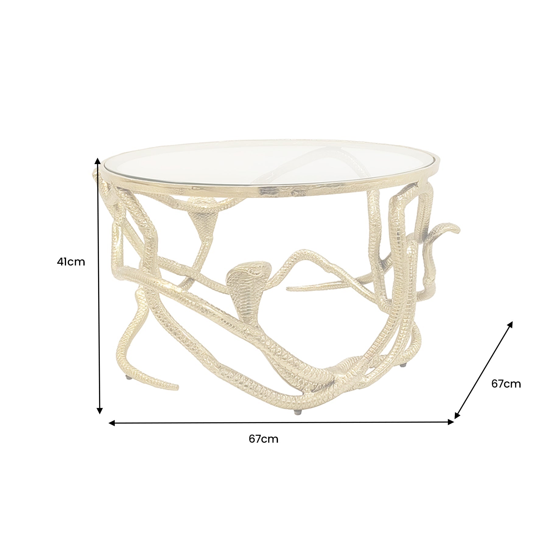 Table basse extravagante SNAKE 70cm sculpture serpent ronde en métal doré plateau en verre