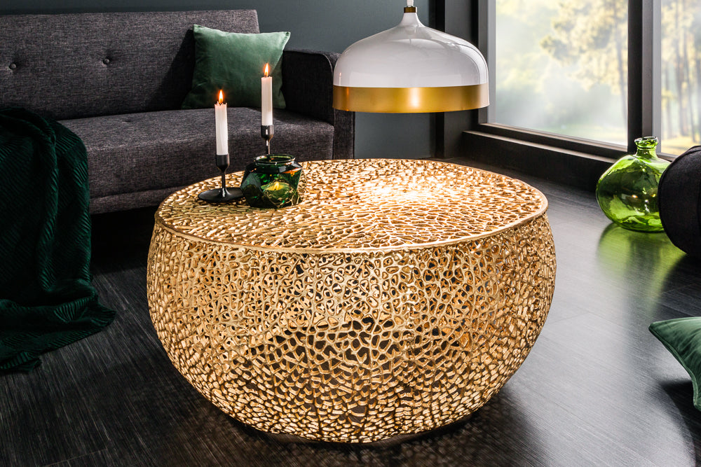 Table basse filigrane LEAF 80cm métal doré design feuille fait main