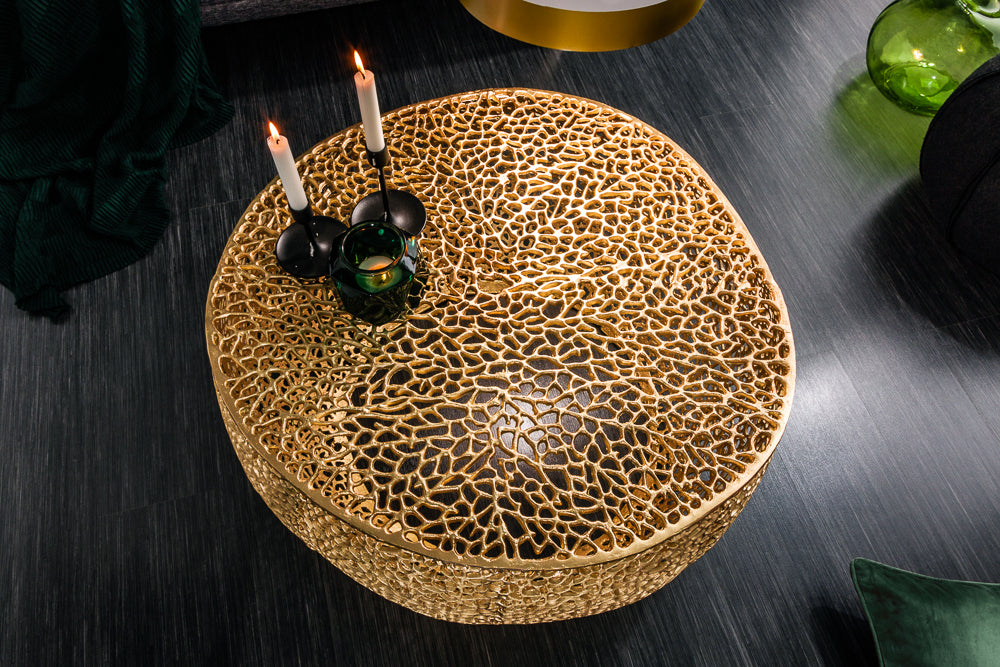 Table basse filigrane LEAF 80cm métal doré design feuille fait main