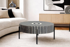 Table basse incrustation d’os HARMONY NATURE 65cm noir blanc intarsia artisanat