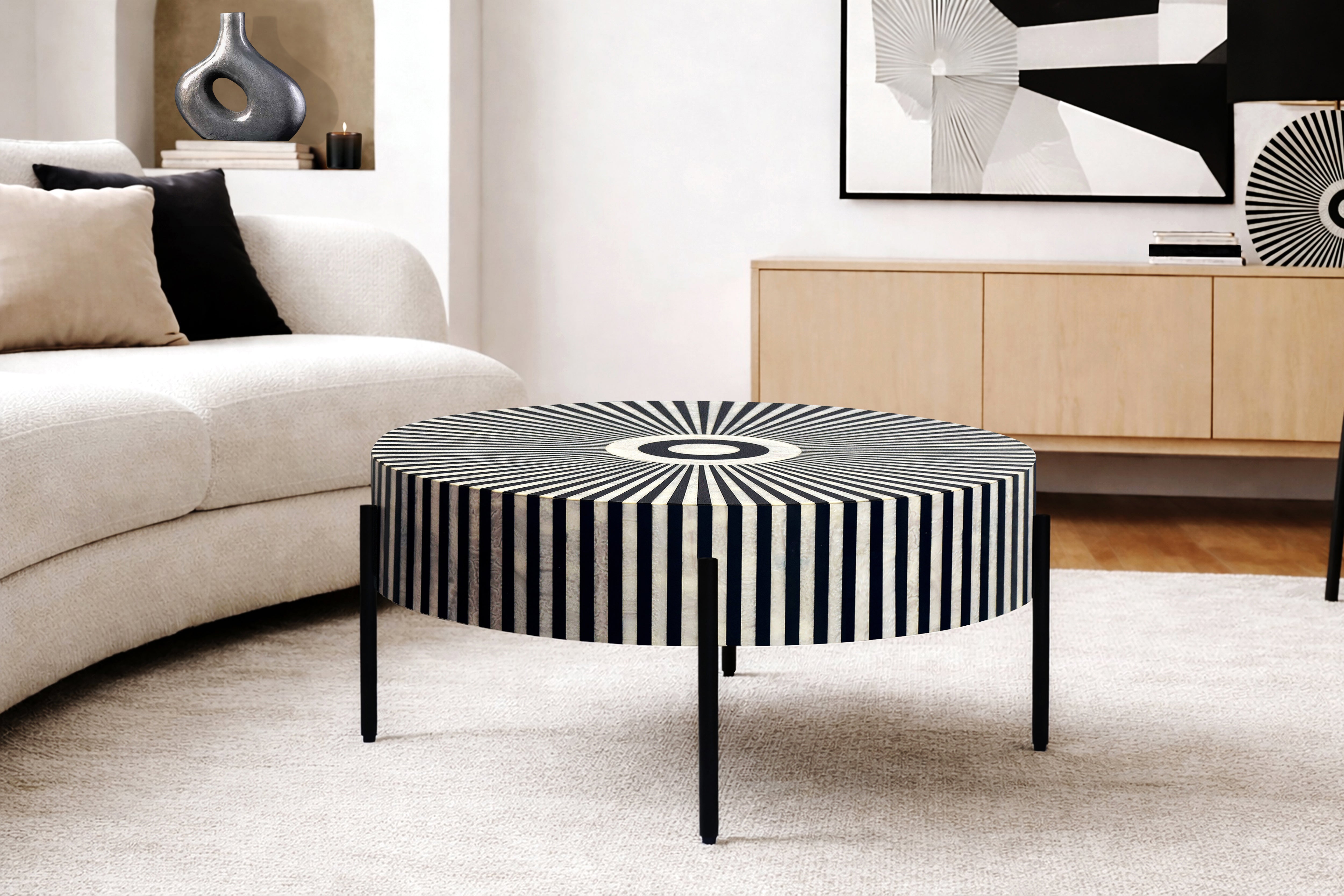 Table basse incrustation d’os HARMONY NATURE 65cm noir blanc intarsia artisanat