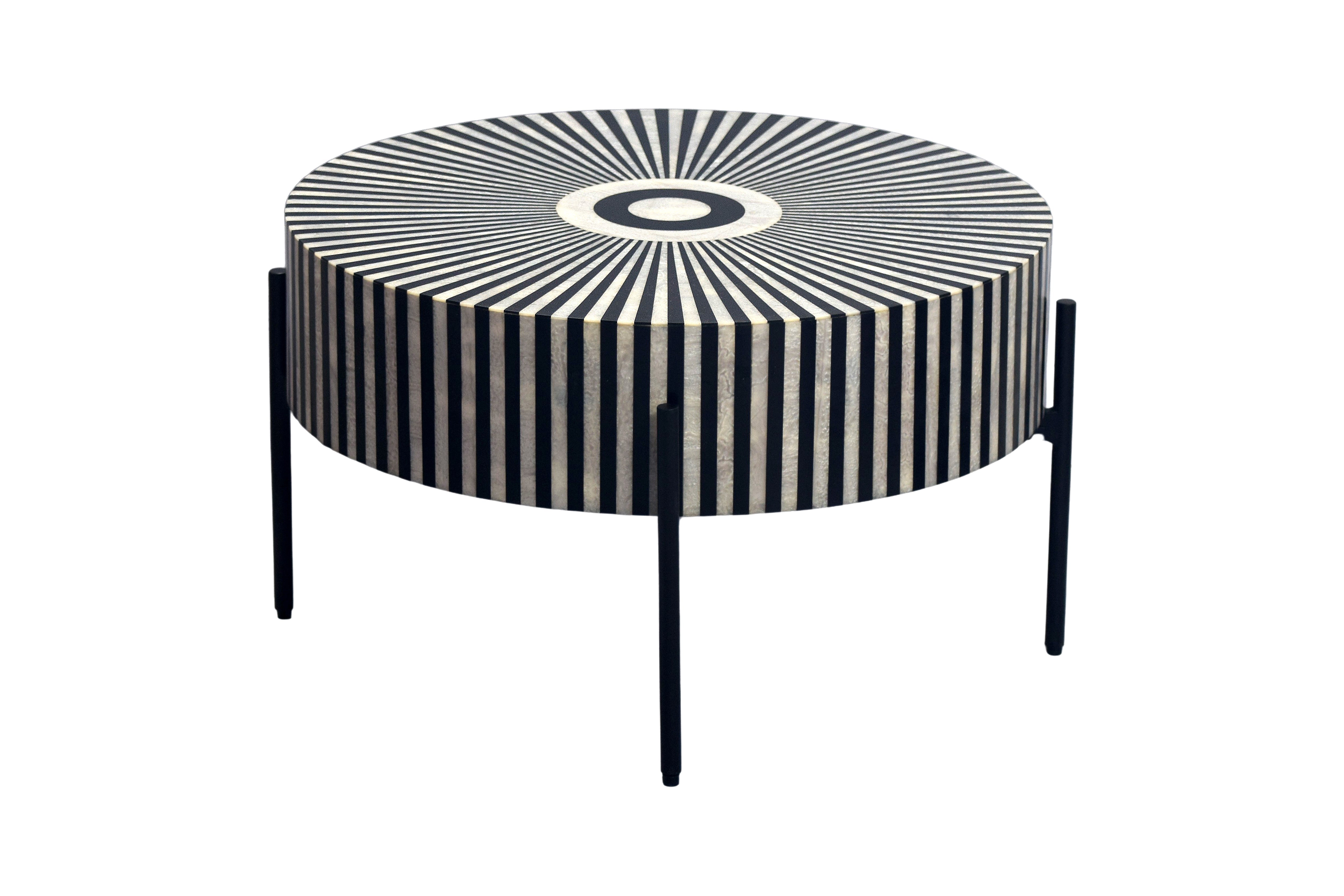 Table basse incrustation d’os HARMONY NATURE 65cm noir blanc intarsia artisanat